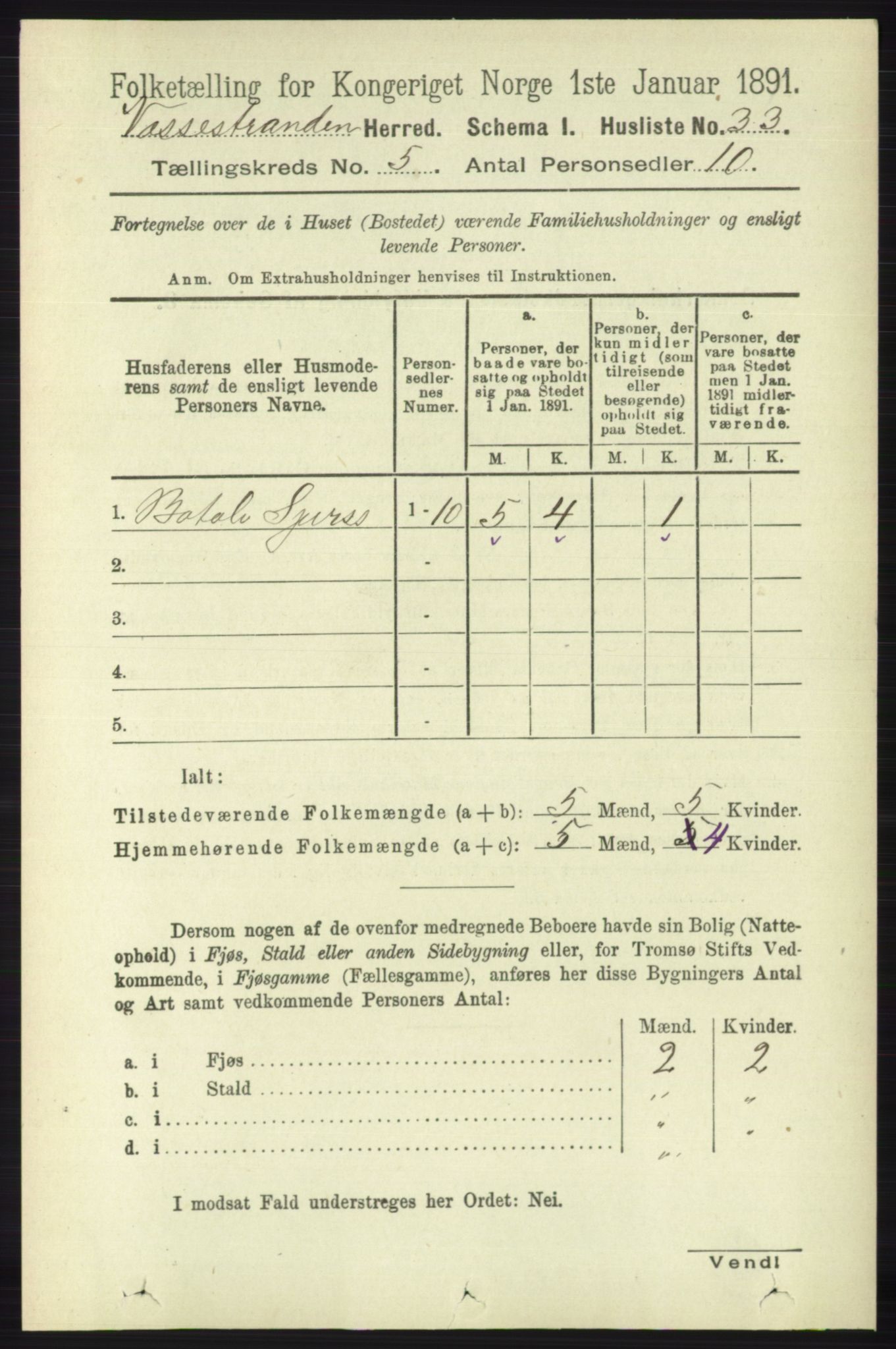 RA, 1891 census for 1236 Vossestrand, 1891, p. 1883