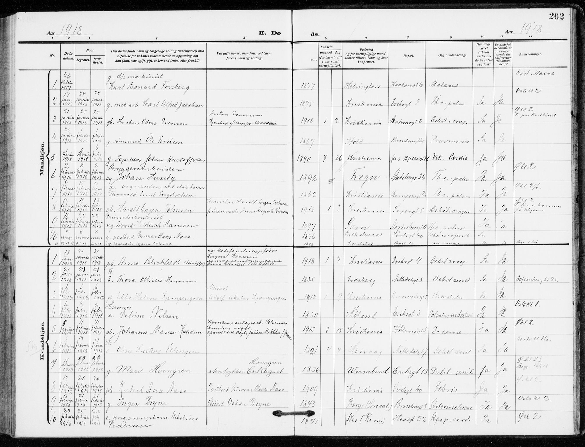 Kampen prestekontor Kirkebøker, AV/SAO-A-10853/F/Fa/L0013: Parish register (official) no. I 13, 1917-1922, p. 262