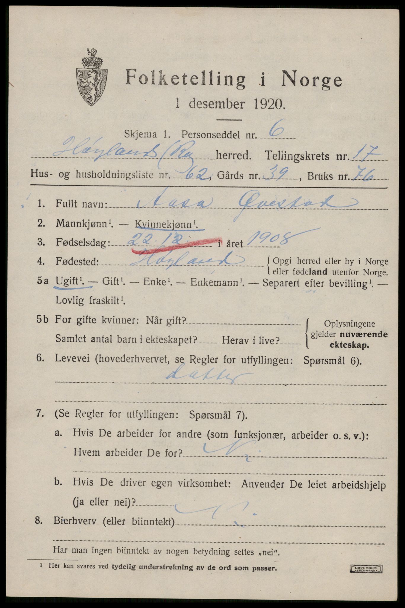 SAST, 1920 census for Høyland, 1920, p. 16466