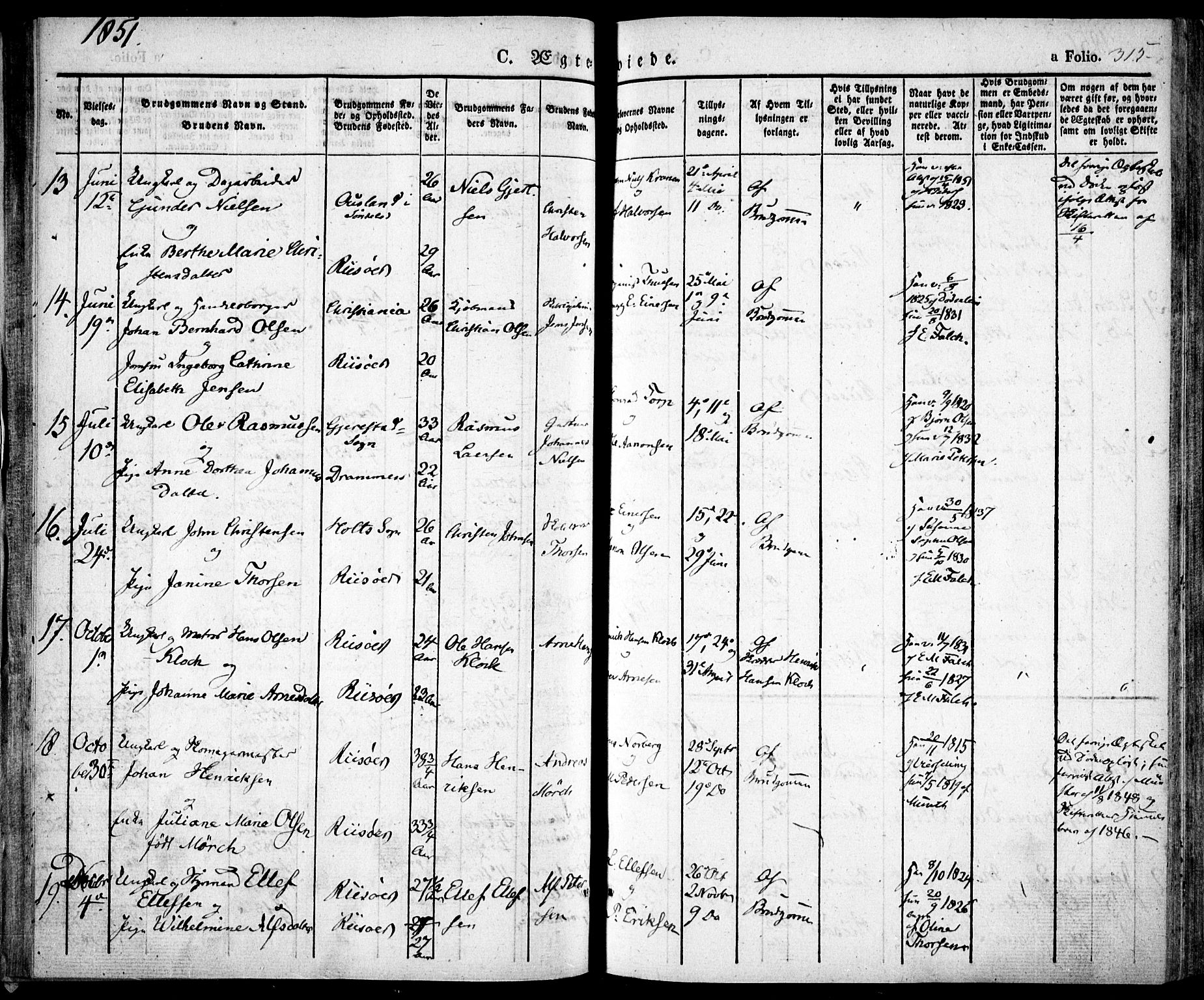 Risør sokneprestkontor, SAK/1111-0035/F/Fa/L0003: Parish register (official) no. A 3, 1838-1864, p. 315