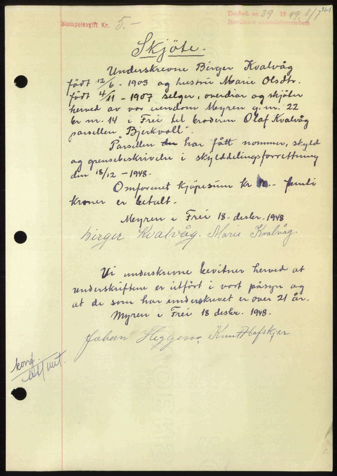 Nordmøre sorenskriveri, AV/SAT-A-4132/1/2/2Ca: Mortgage book no. A110, 1948-1949, Diary no: : 39/1949