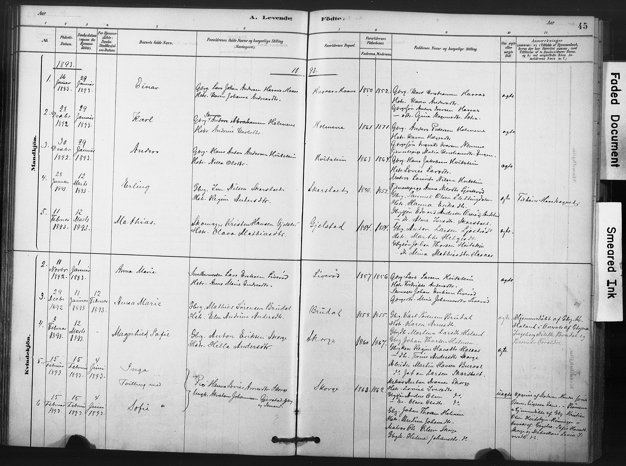 Andebu kirkebøker, AV/SAKO-A-336/F/Fa/L0008: Parish register (official) no. 8, 1878-1902, p. 45