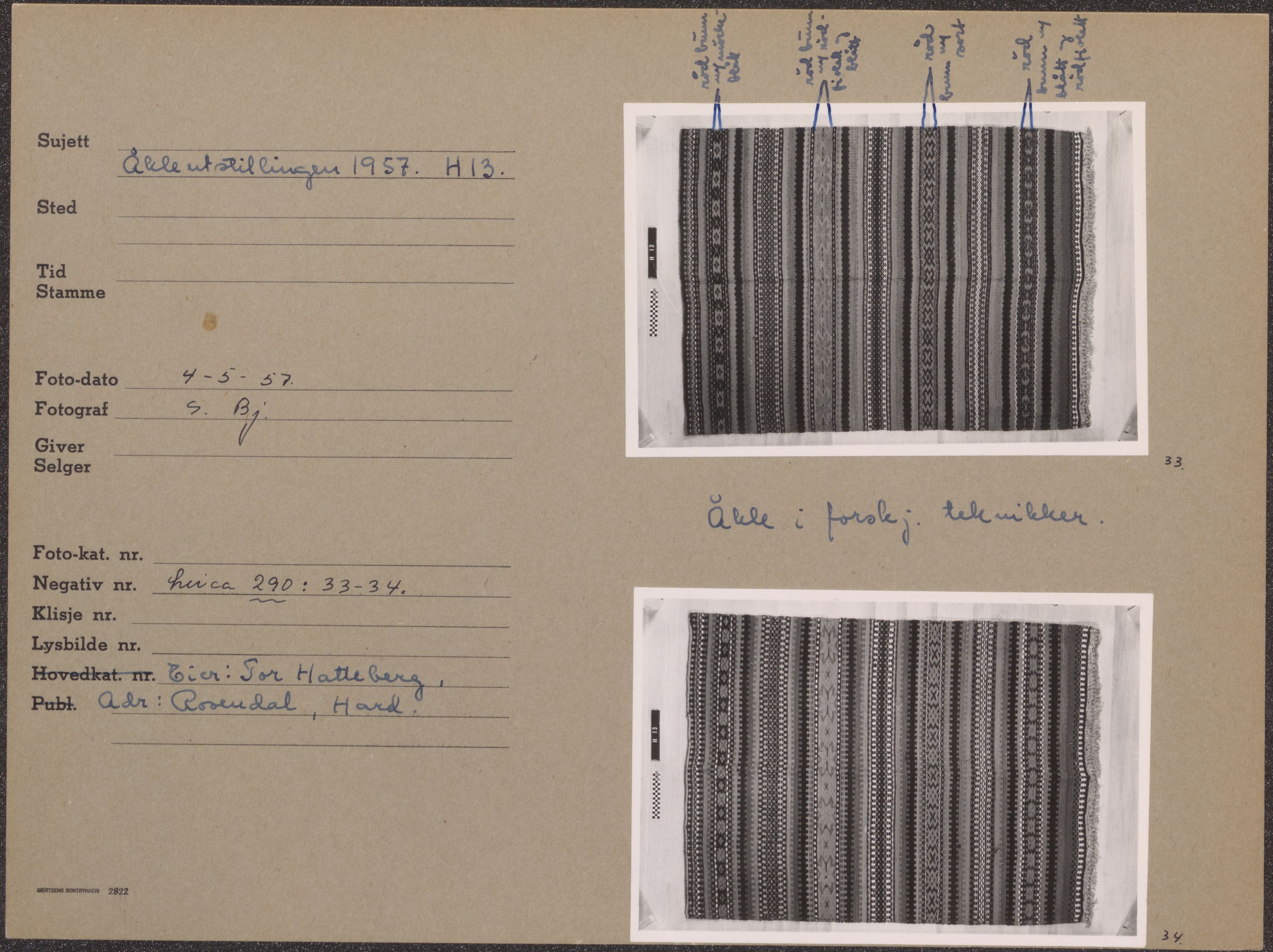 Åkleprosjektet 1957, UMB/A008/F/Fa/L0001/0004: Registreringskort Smettåkle A-H / Smettåkler H, 1957