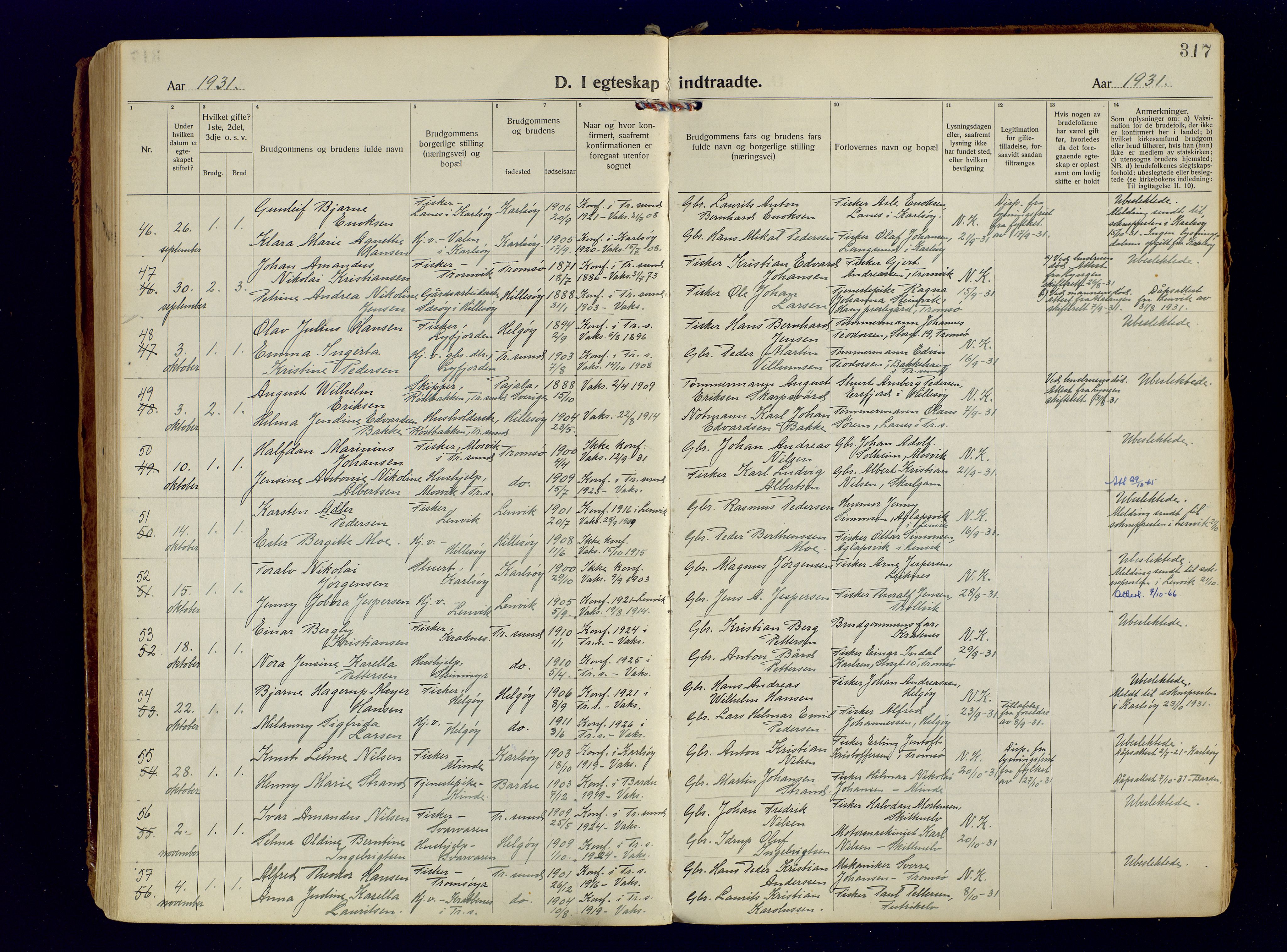 Tromsøysund sokneprestkontor, AV/SATØ-S-1304/G/Ga/L0009kirke: Parish register (official) no. 9, 1922-1934, p. 317