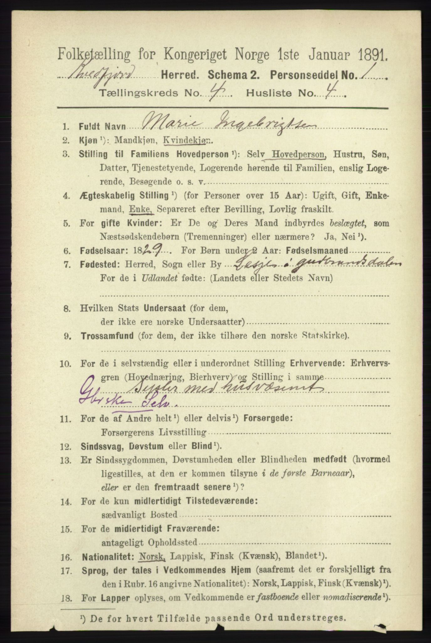 RA, 1891 census for 1911 Kvæfjord, 1891, p. 1907
