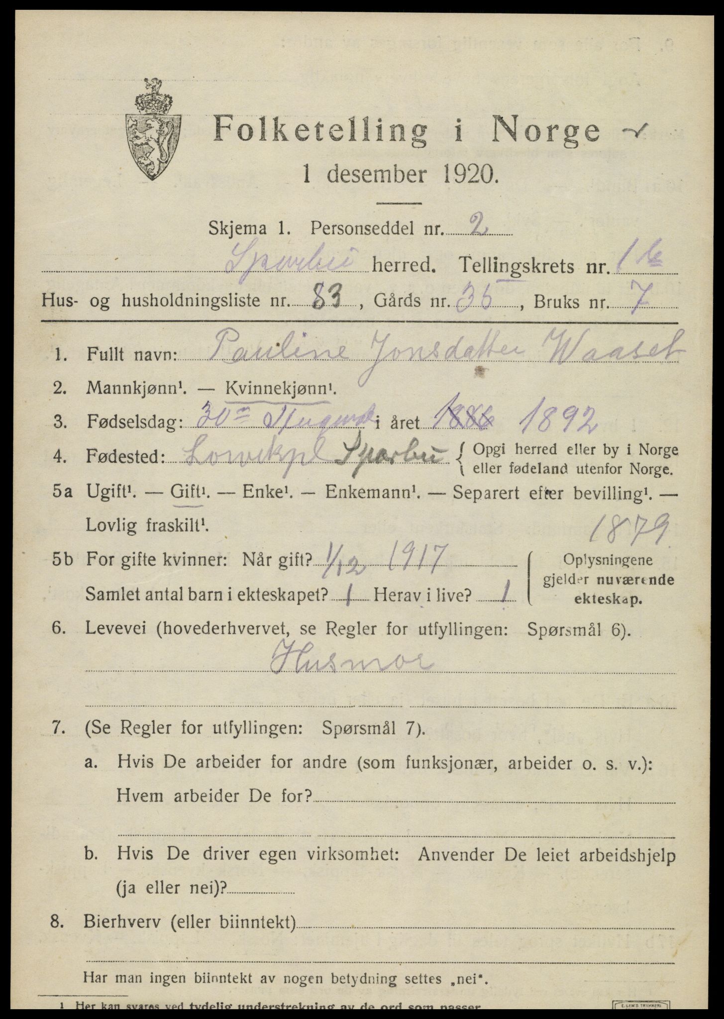 SAT, 1920 census for Sparbu, 1920, p. 3165