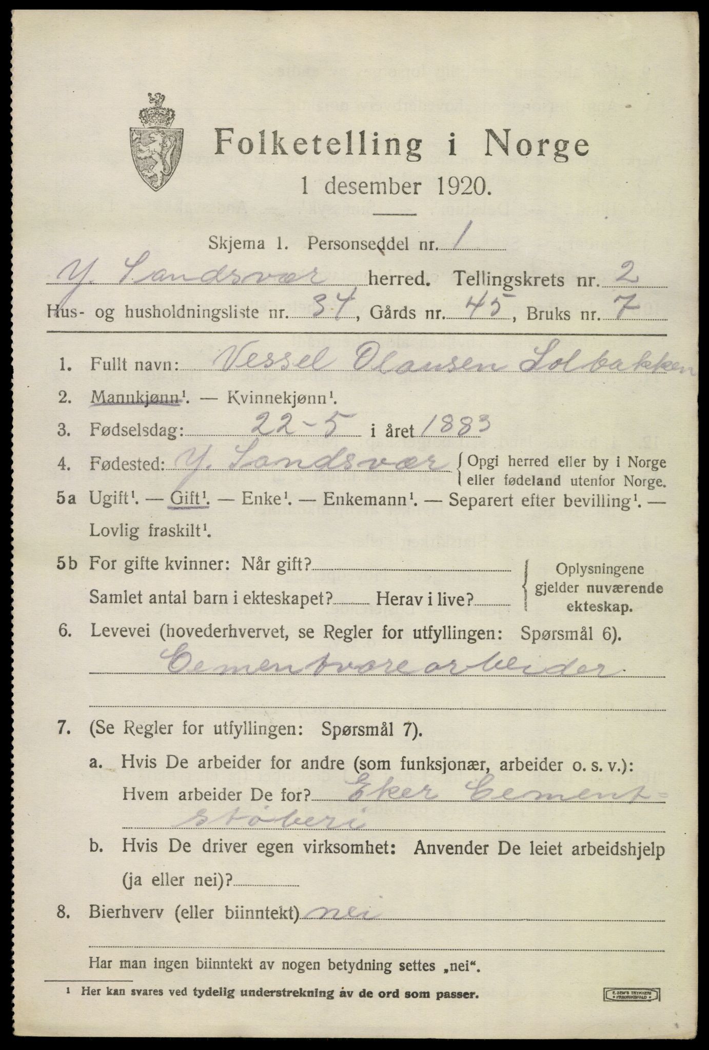SAKO, 1920 census for Ytre Sandsvær, 1920, p. 3012