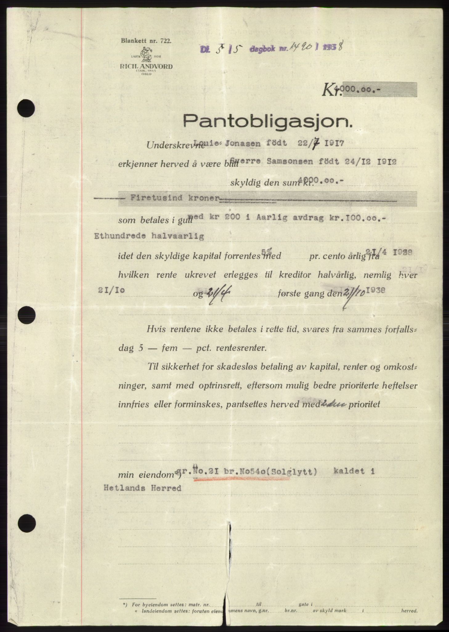 Jæren sorenskriveri, AV/SAST-A-100310/03/G/Gba/L0071: Mortgage book, 1938-1938, Diary no: : 1490/1938