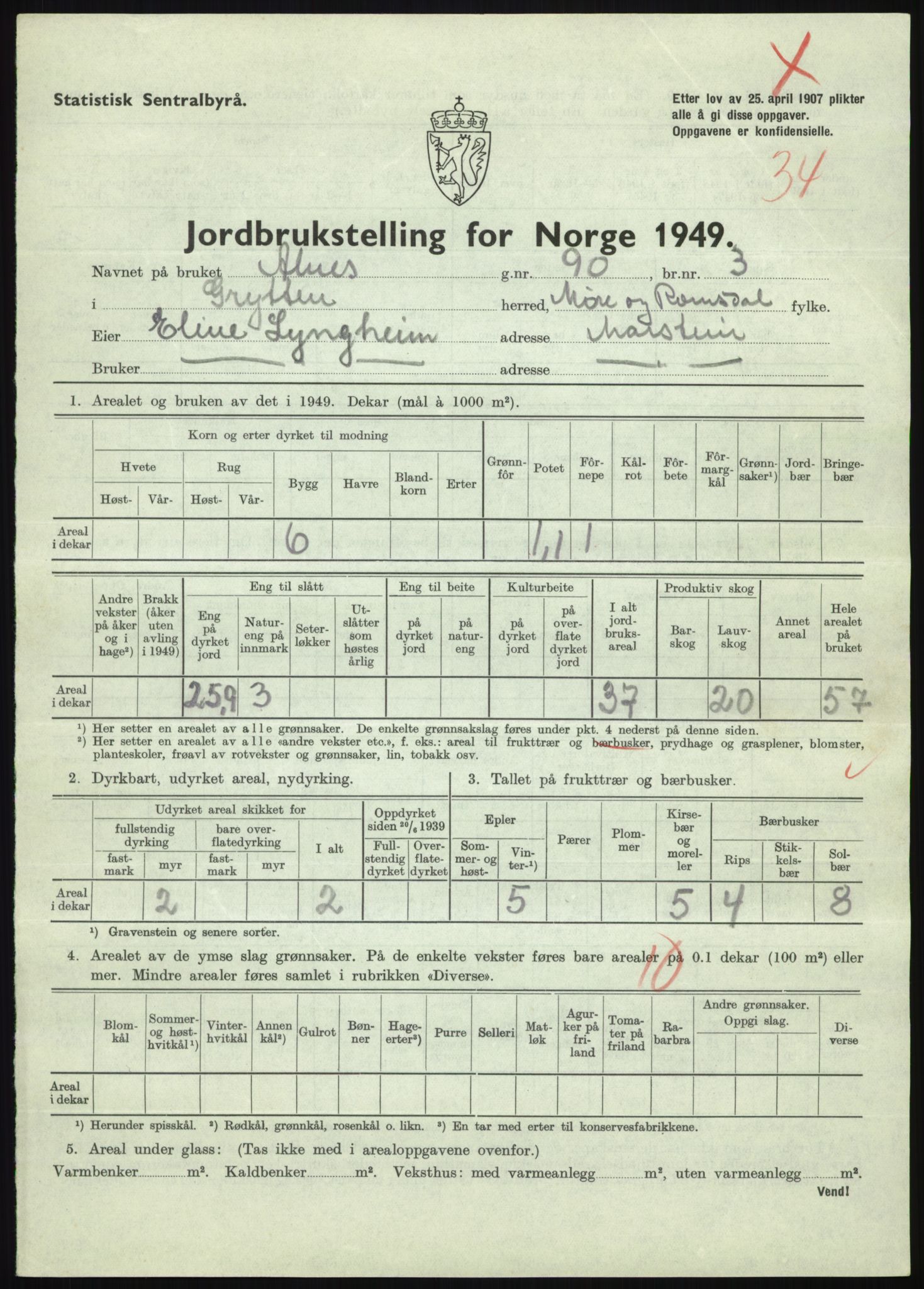 Statistisk sentralbyrå, Næringsøkonomiske emner, Jordbruk, skogbruk, jakt, fiske og fangst, AV/RA-S-2234/G/Gc/L0323: Møre og Romsdal: Grytten og Hen, 1949, p. 215