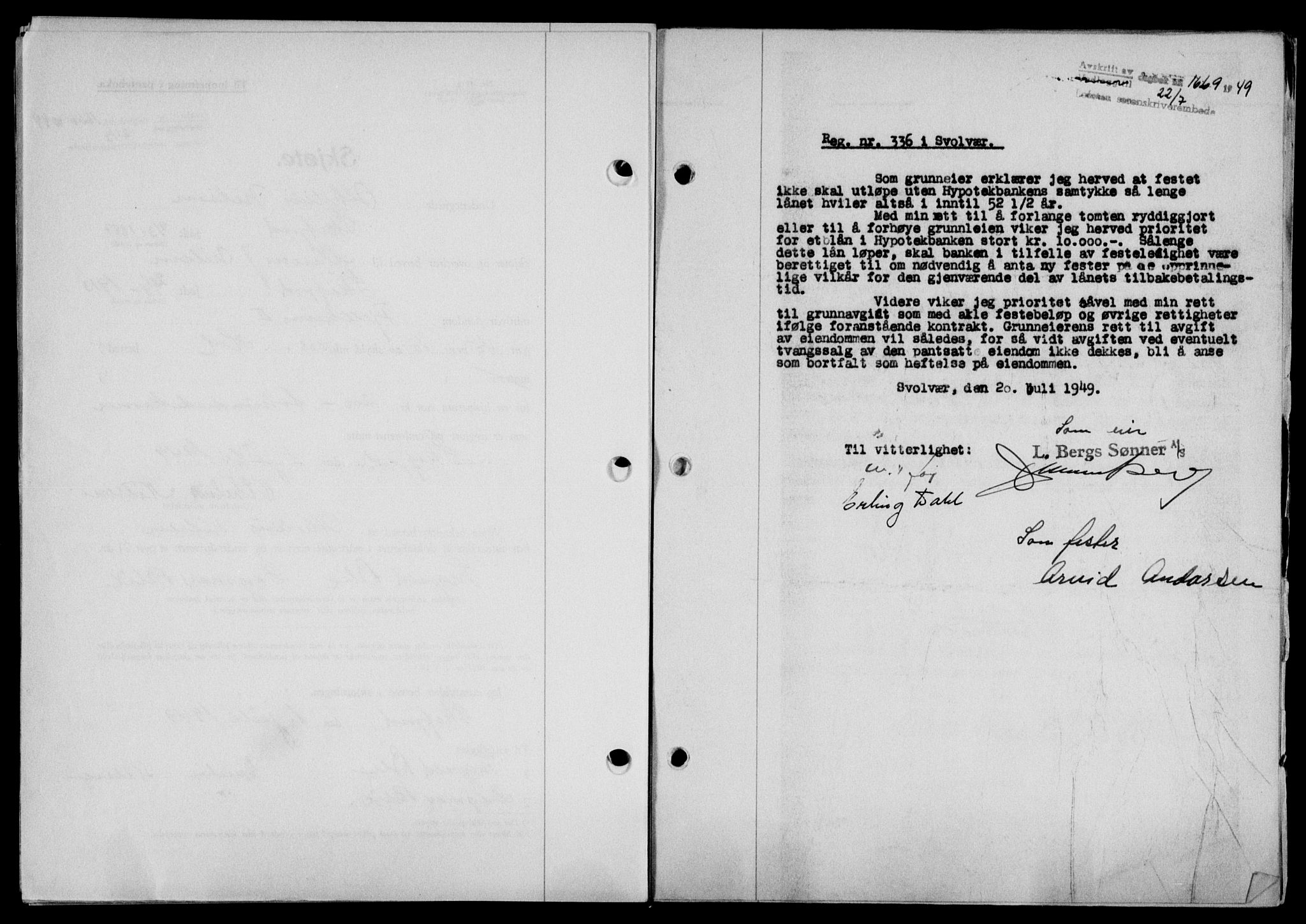 Lofoten sorenskriveri, SAT/A-0017/1/2/2C/L0021a: Mortgage book no. 21a, 1949-1949, Diary no: : 1669/1949
