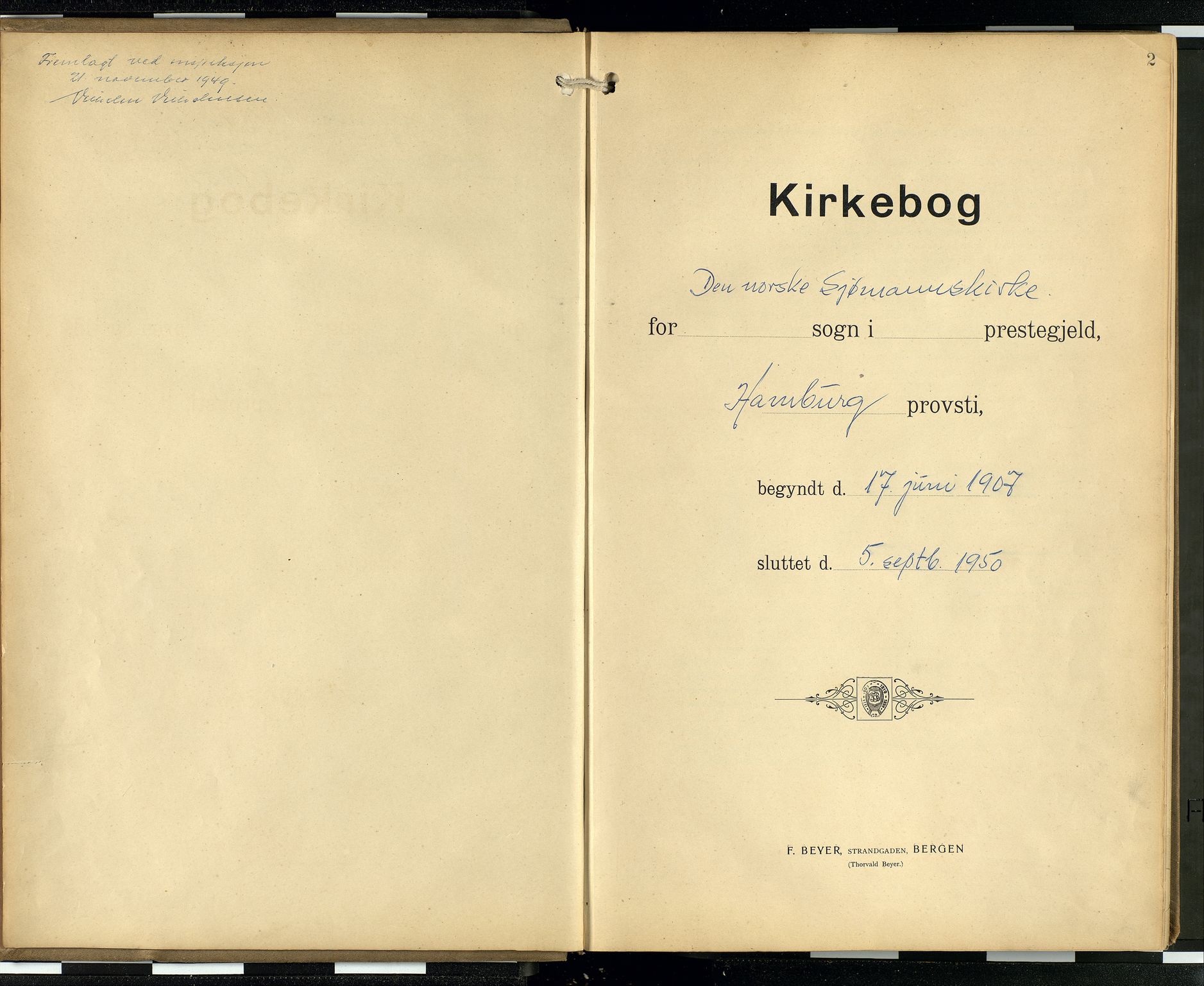 Den norske sjømannsmisjon i utlandet/Hamburg, SAB/SAB/PA-0107/H/Ha/L0001: Parish register (official) no. A 1, 1907-1951, p. 1b-2a