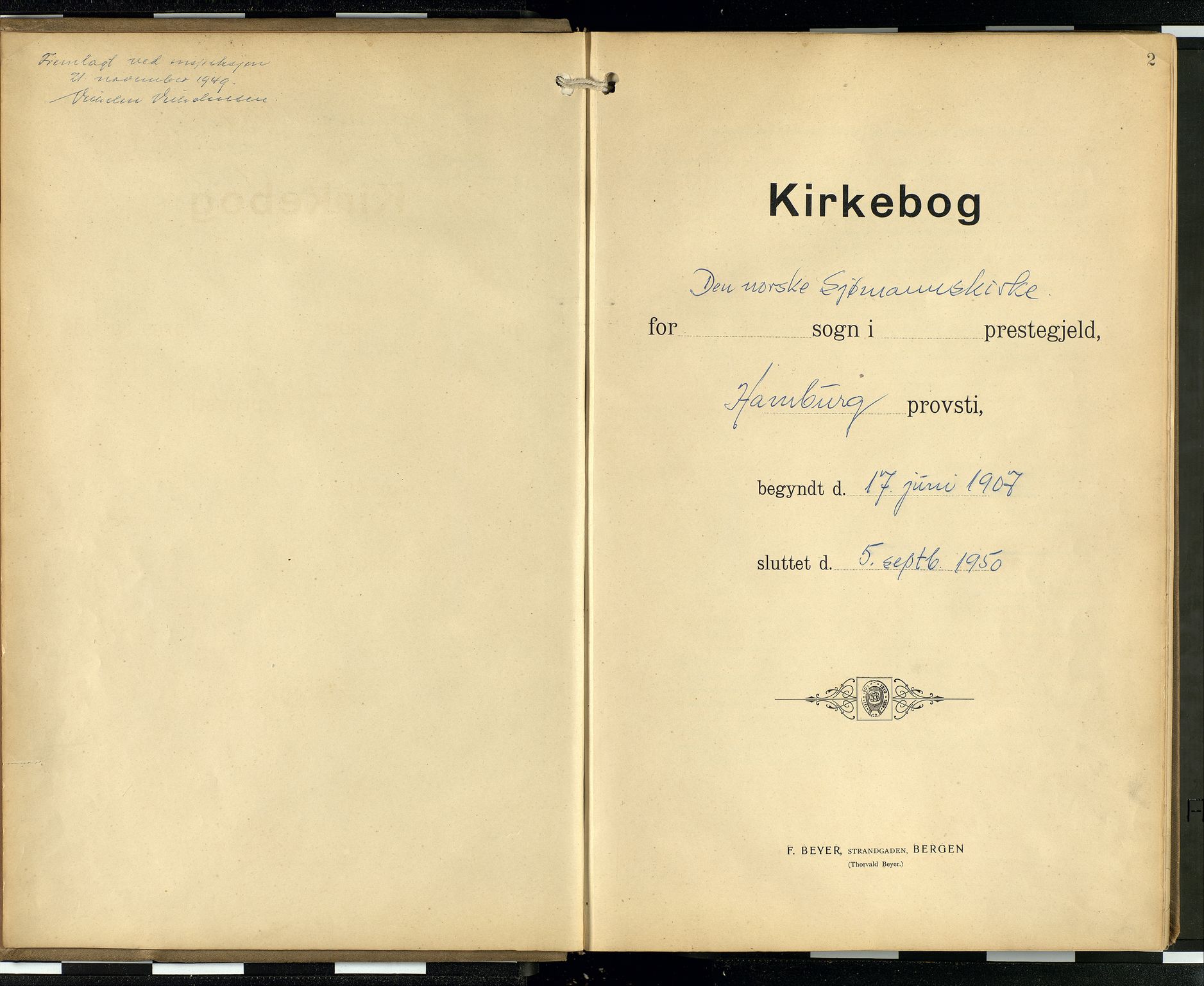 Den norske sjømannsmisjon i utlandet/Hamburg, AV/SAB-SAB/PA-0107/H/Ha/L0001: Parish register (official) no. A 1, 1907-1951, p. 1b-2a