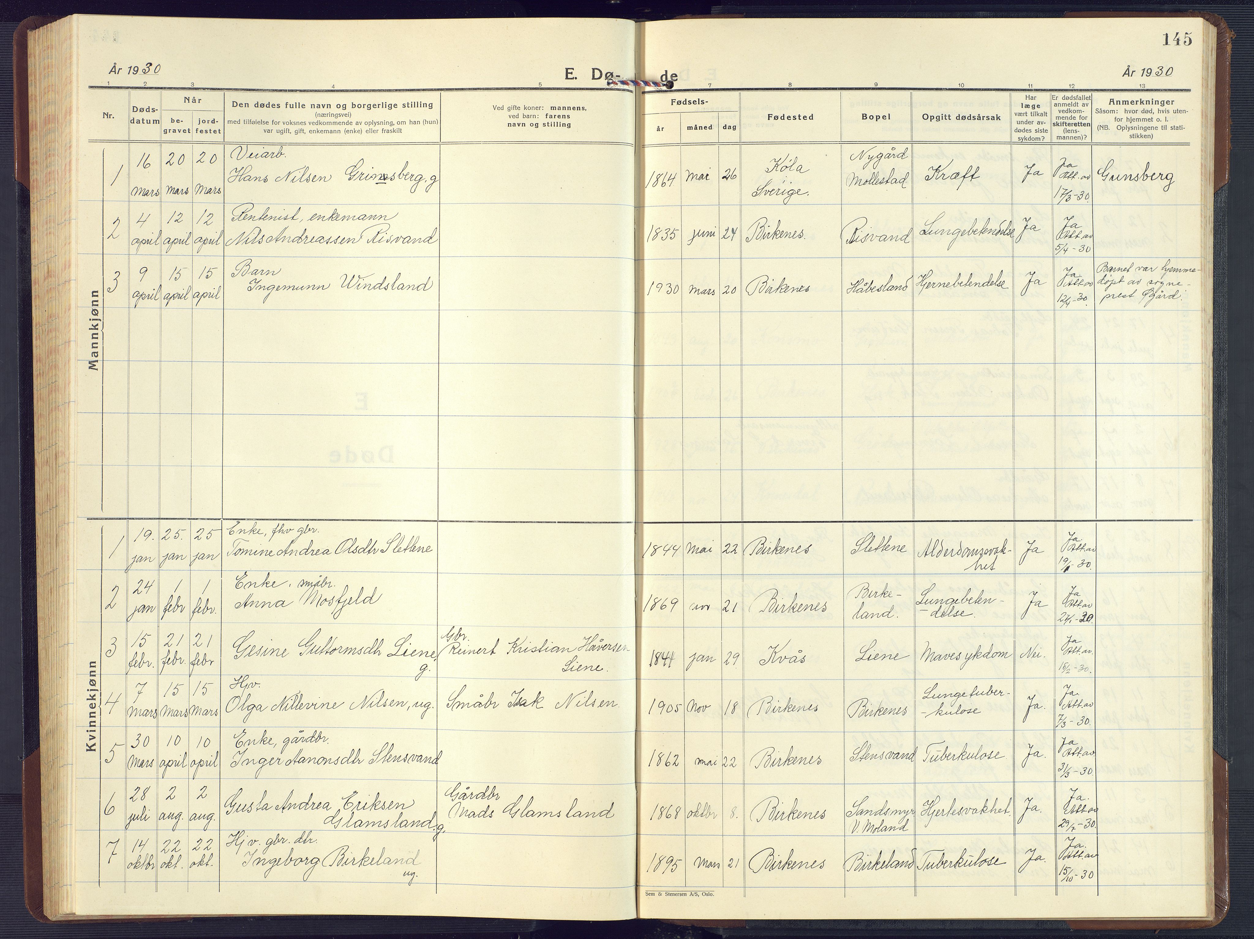 Birkenes sokneprestkontor, SAK/1111-0004/F/Fb/L0005: Parish register (copy) no. B 5, 1930-1957, p. 145