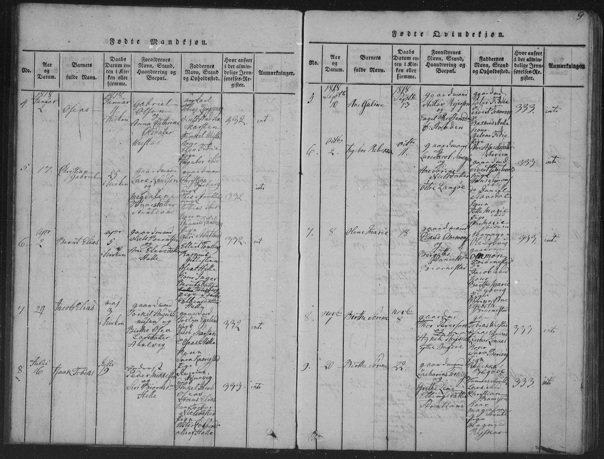 Herad sokneprestkontor, SAK/1111-0018/F/Fa/Fab/L0002: Parish register (official) no. A 2, 1816-1844, p. 9