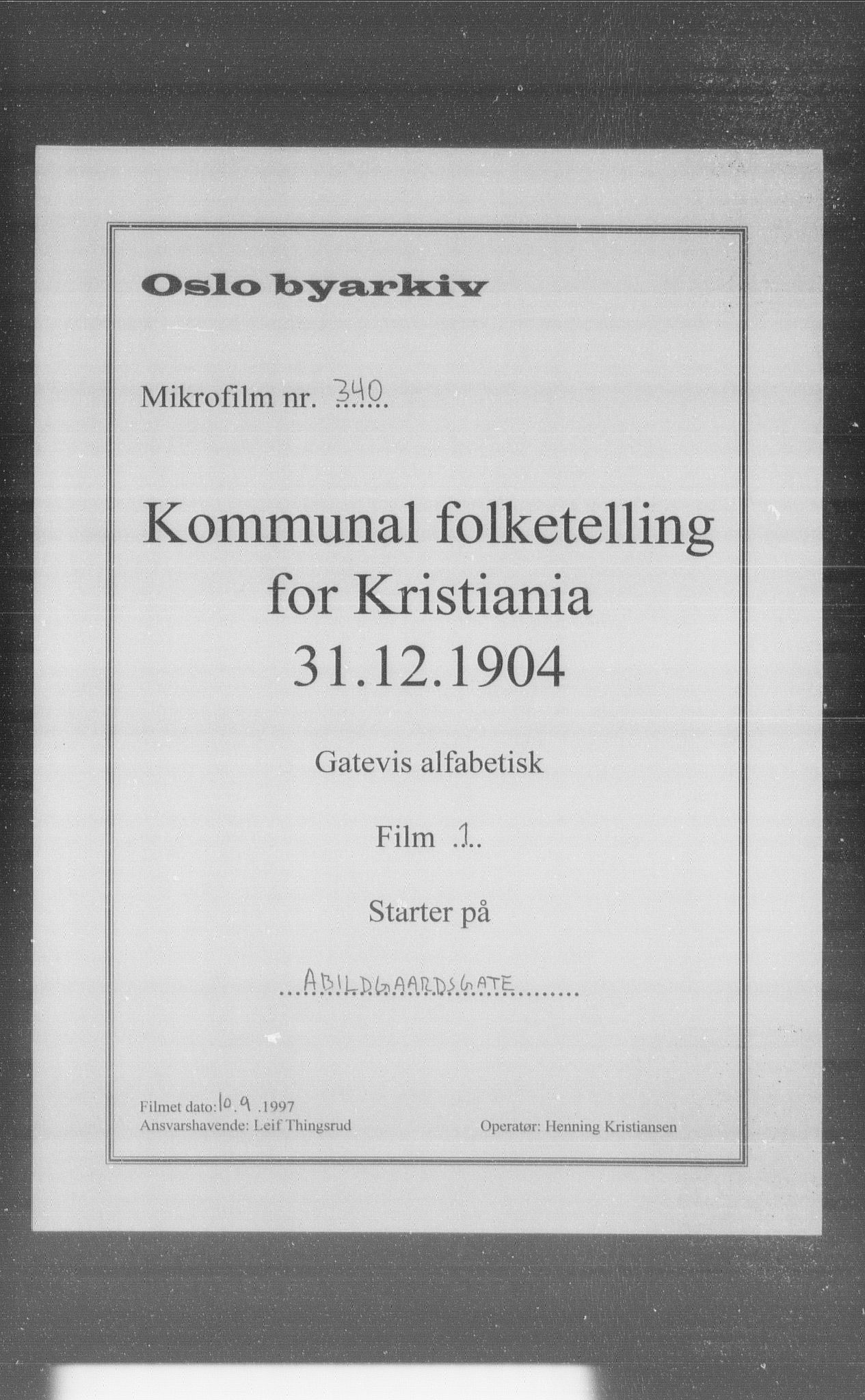 OBA, Municipal Census 1904 for Kristiania, 1904, p. 1