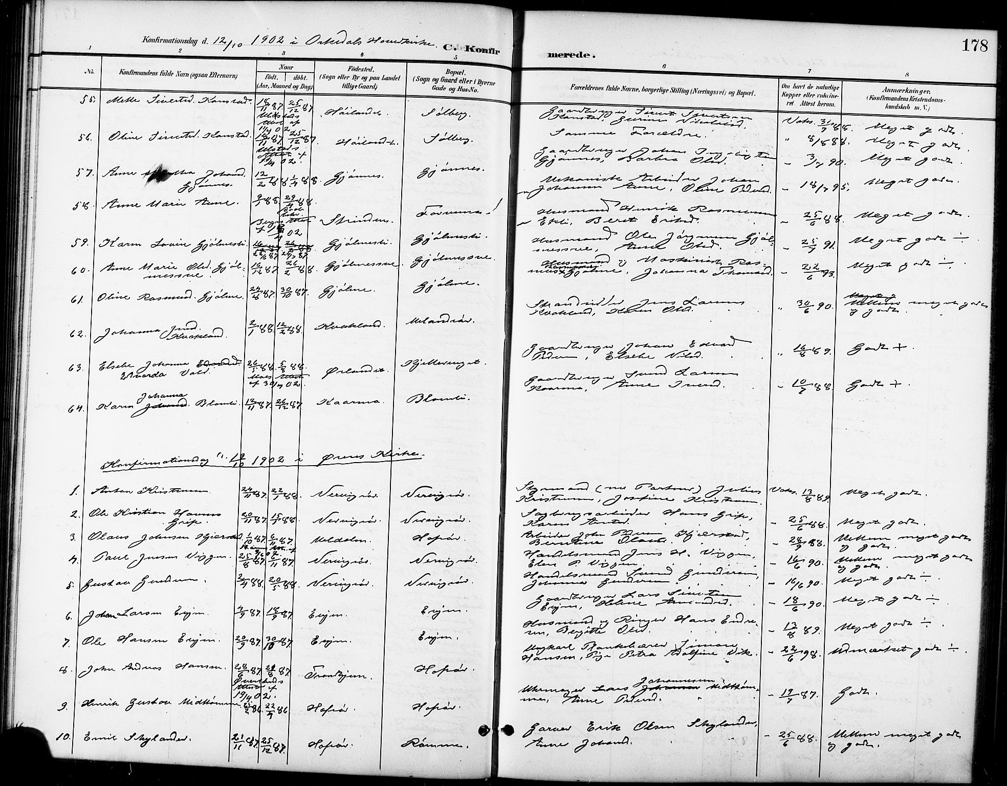 Ministerialprotokoller, klokkerbøker og fødselsregistre - Sør-Trøndelag, SAT/A-1456/668/L0819: Parish register (copy) no. 668C08, 1899-1912, p. 178