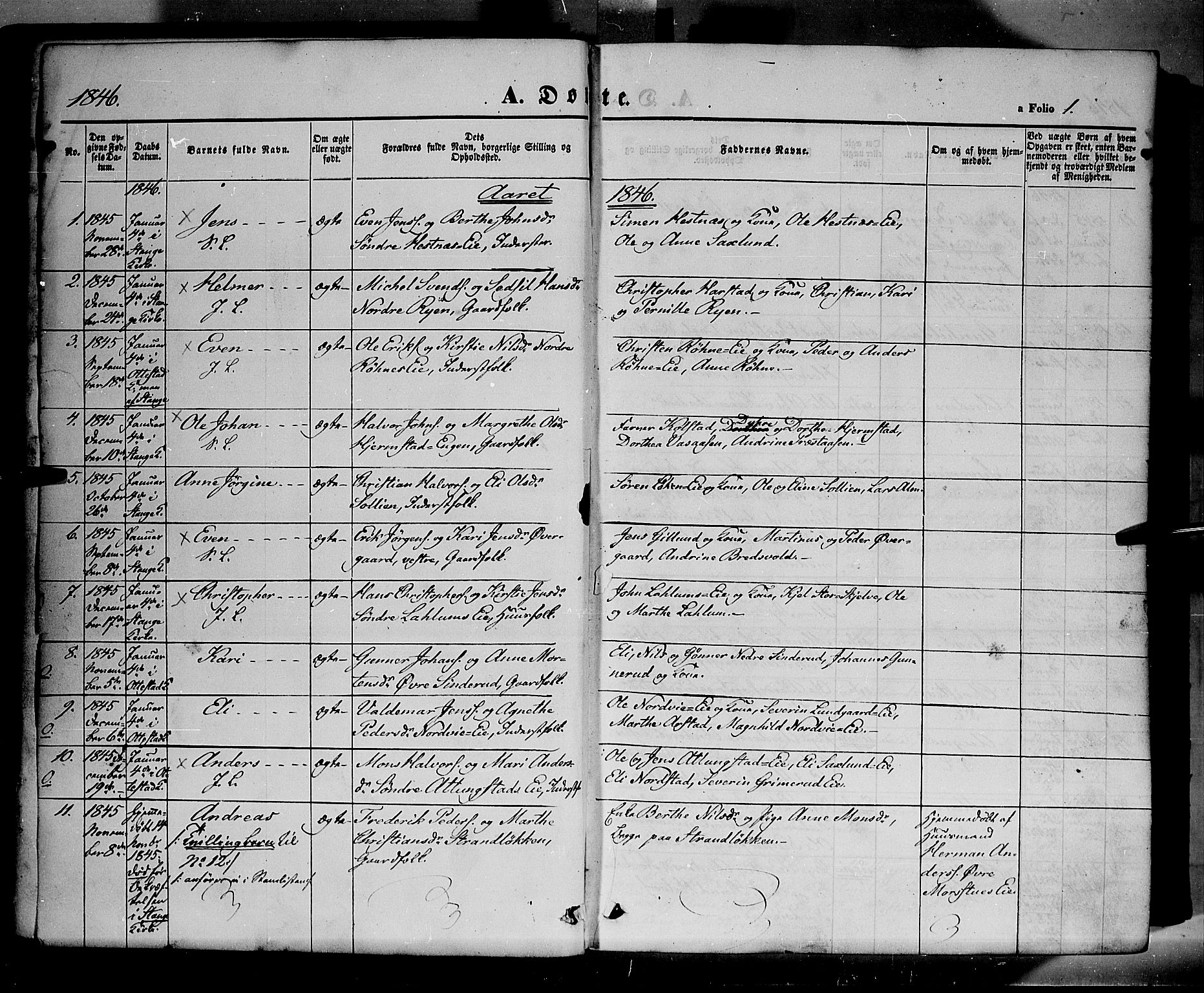 Stange prestekontor, SAH/PREST-002/K/L0011: Parish register (official) no. 11, 1846-1852, p. 1