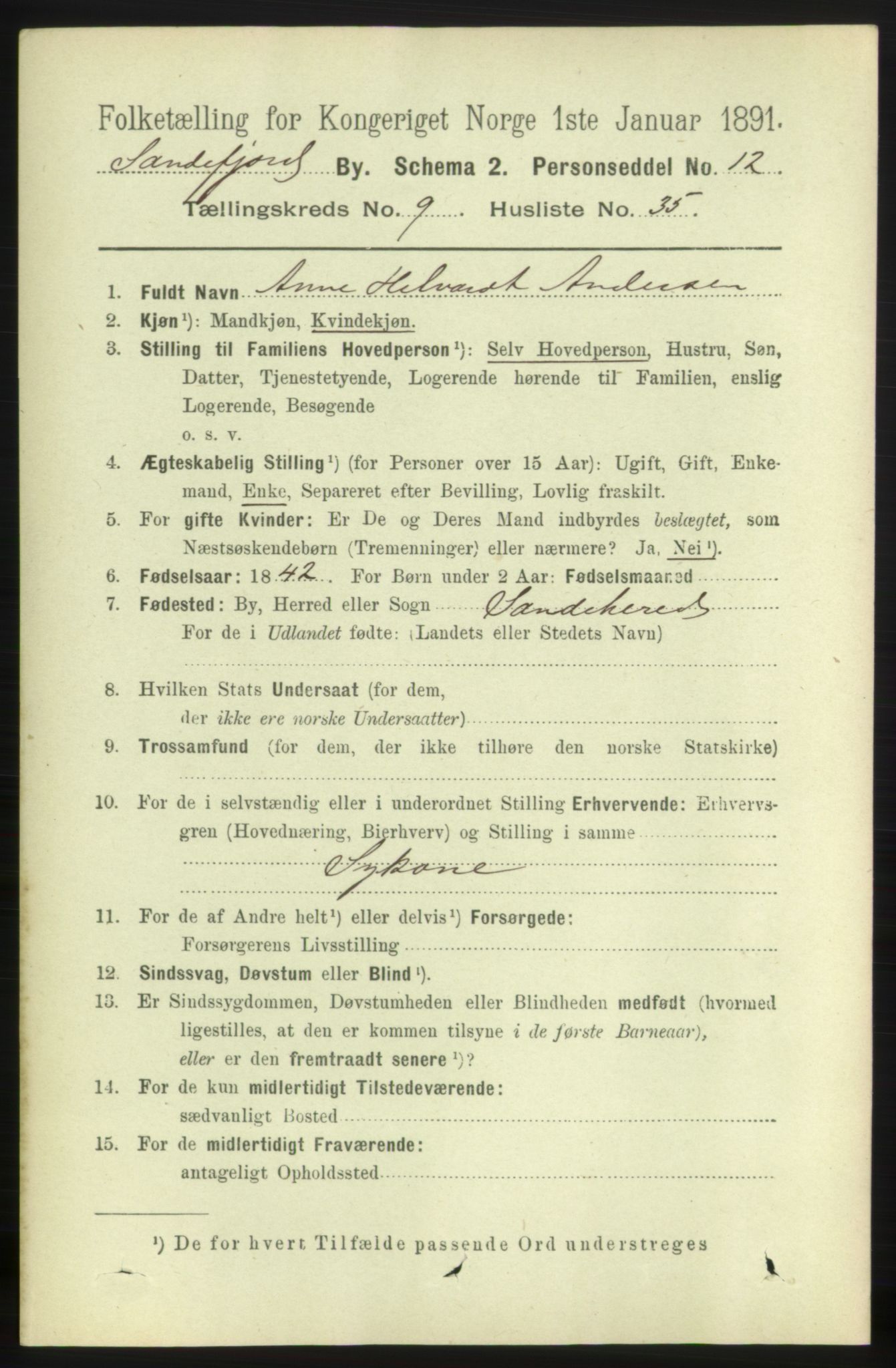 RA, 1891 census for 0706 Sandefjord, 1891, p. 3742