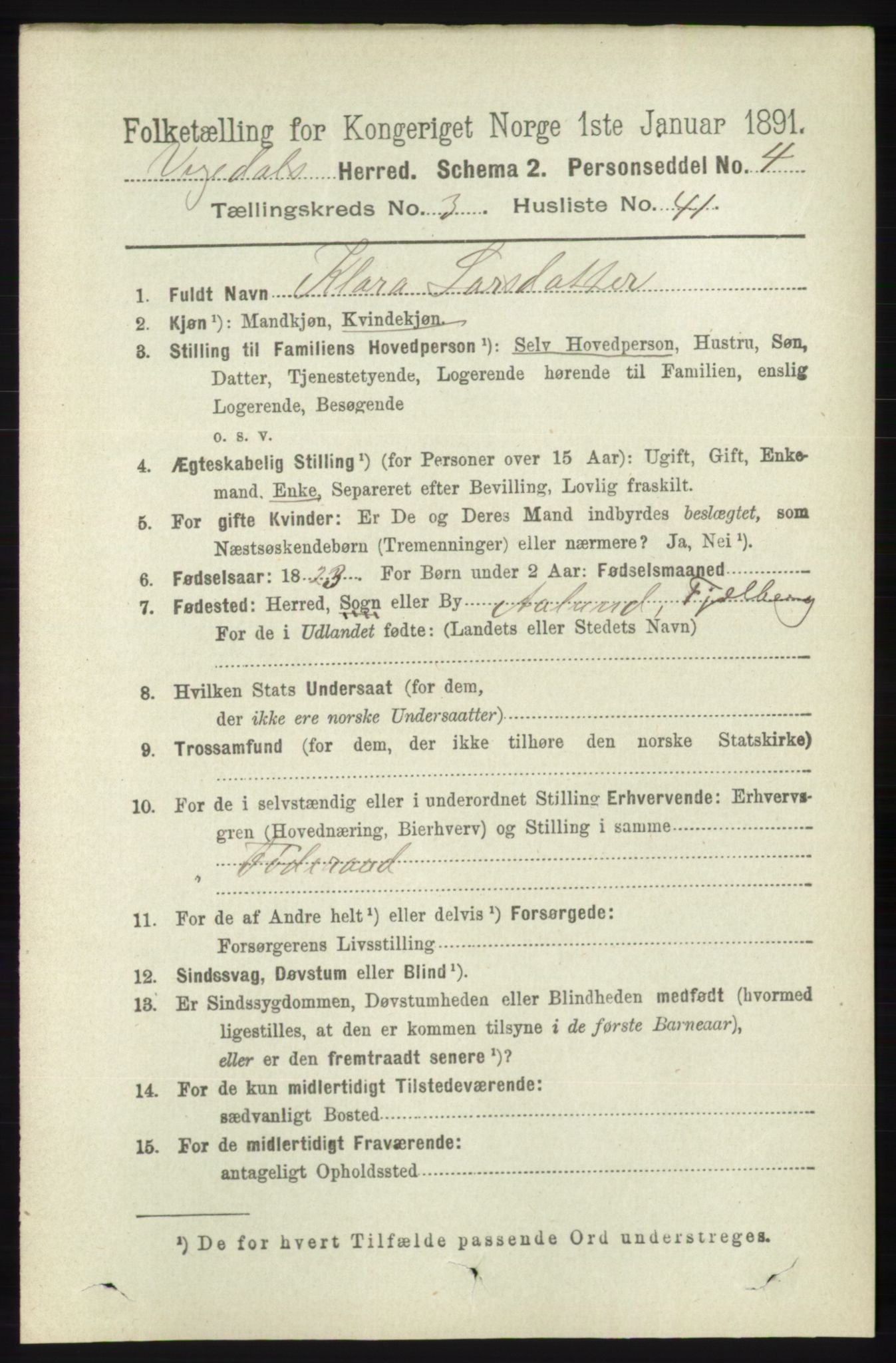 RA, 1891 census for 1157 Vikedal, 1891, p. 881