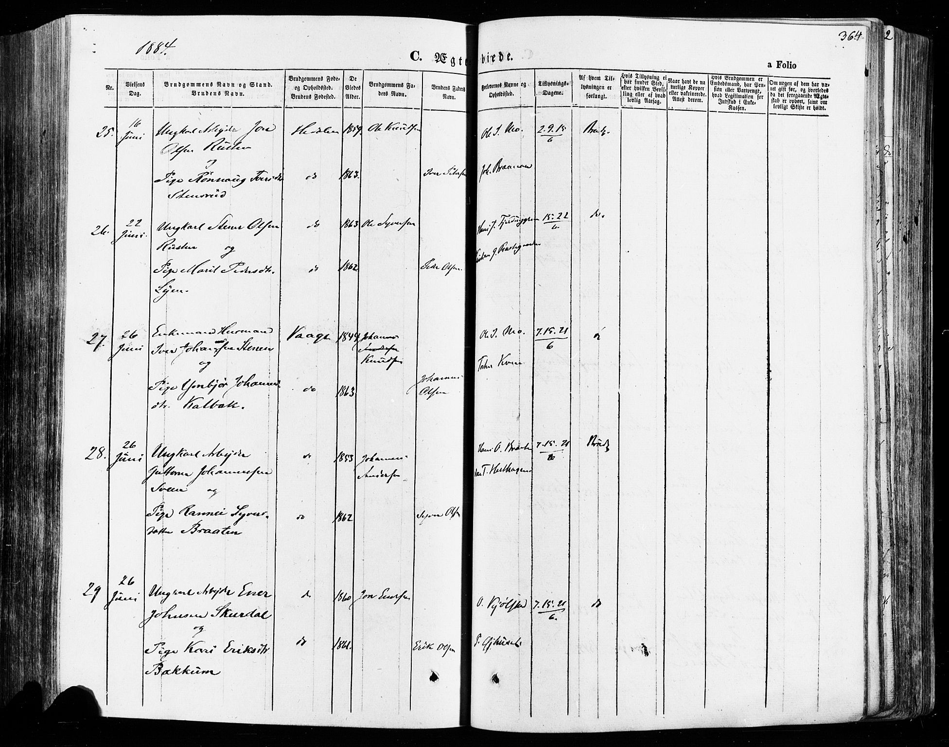 Vågå prestekontor, AV/SAH-PREST-076/H/Ha/Haa/L0007: Parish register (official) no. 7 /1, 1872-1886, p. 364