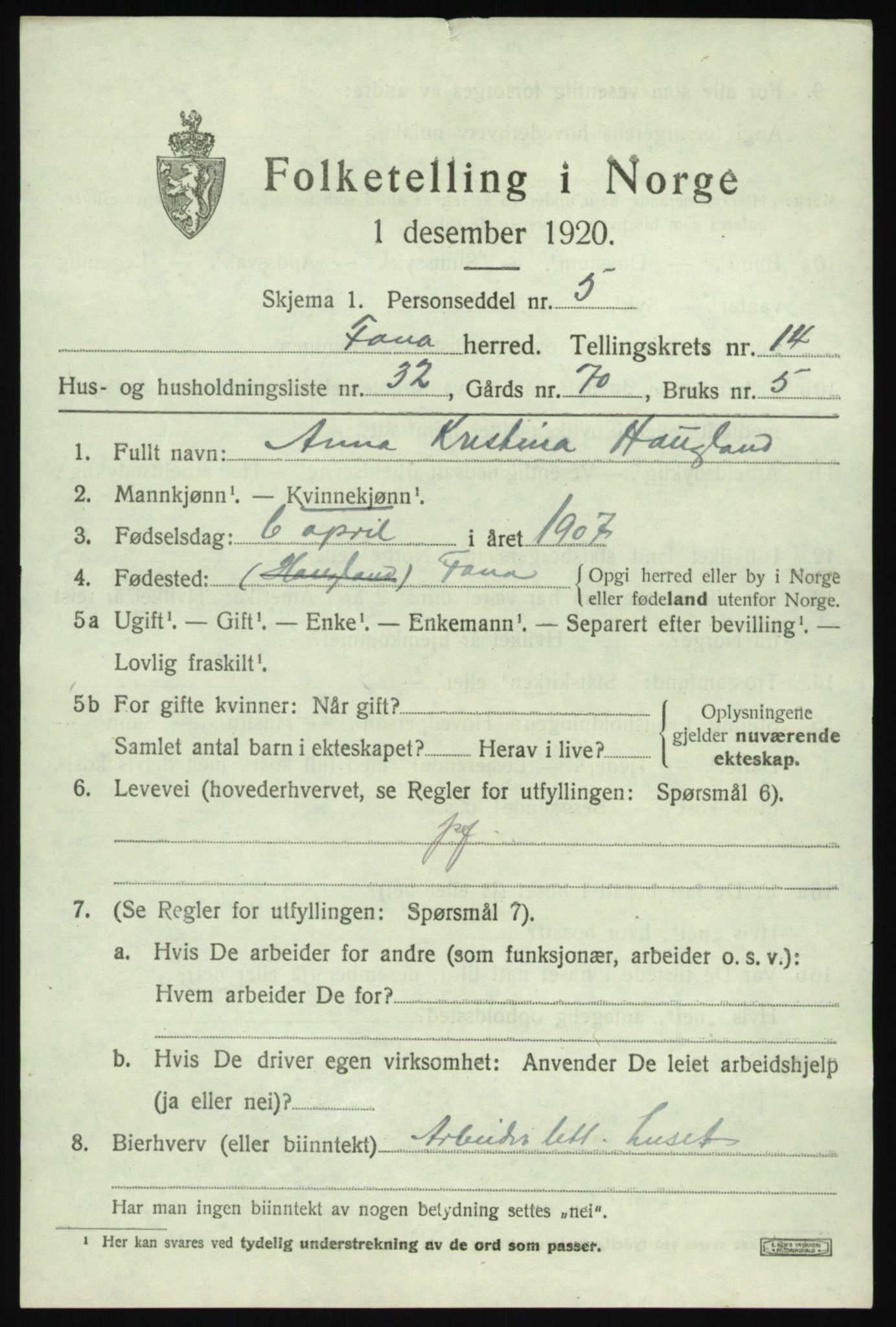 SAB, 1920 census for Fana, 1920, p. 20983