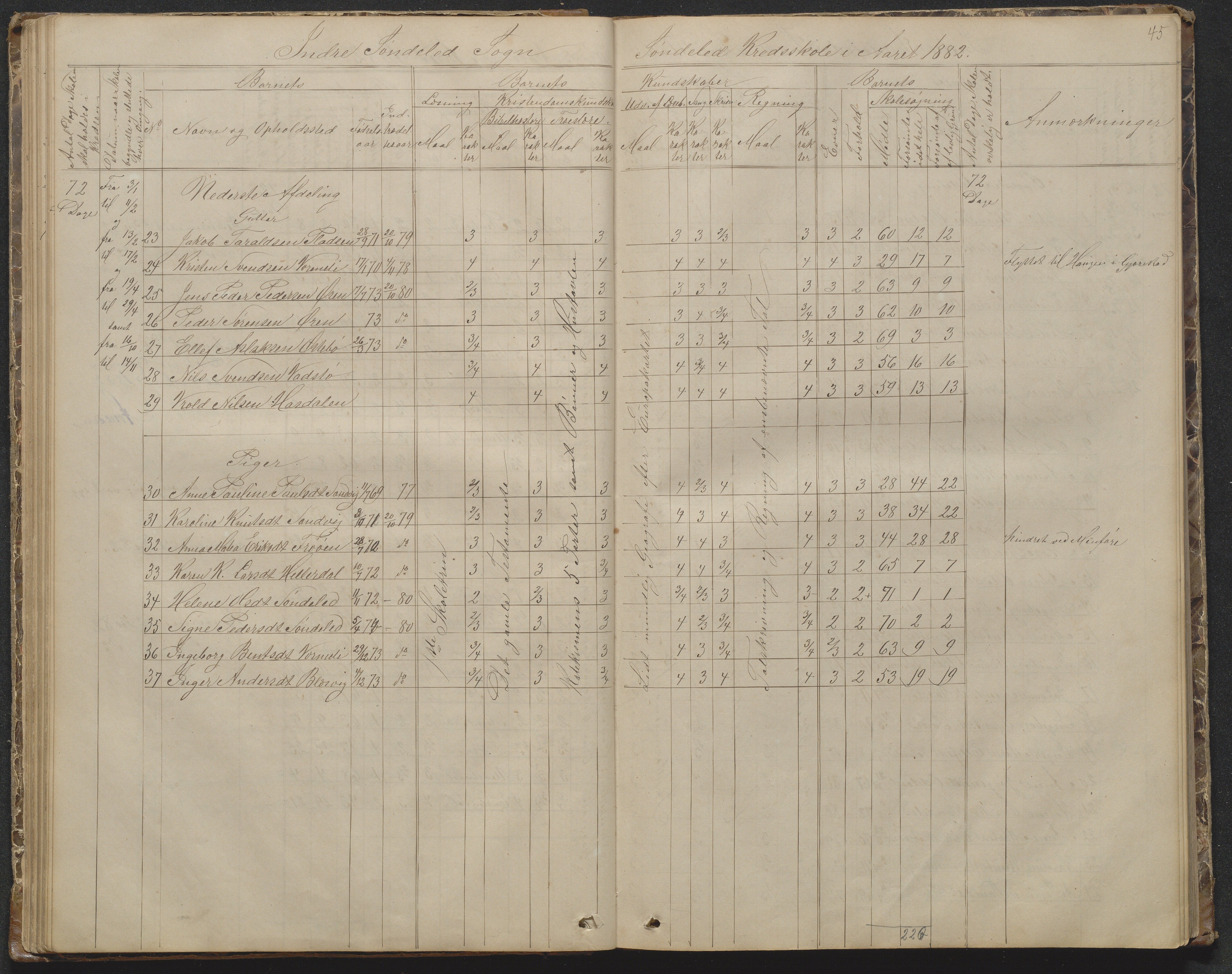 Søndeled kommune, AAKS/KA0913-PK/1/05/05f/L0002: Skoleprotokoll, 1862-1895, p. 45