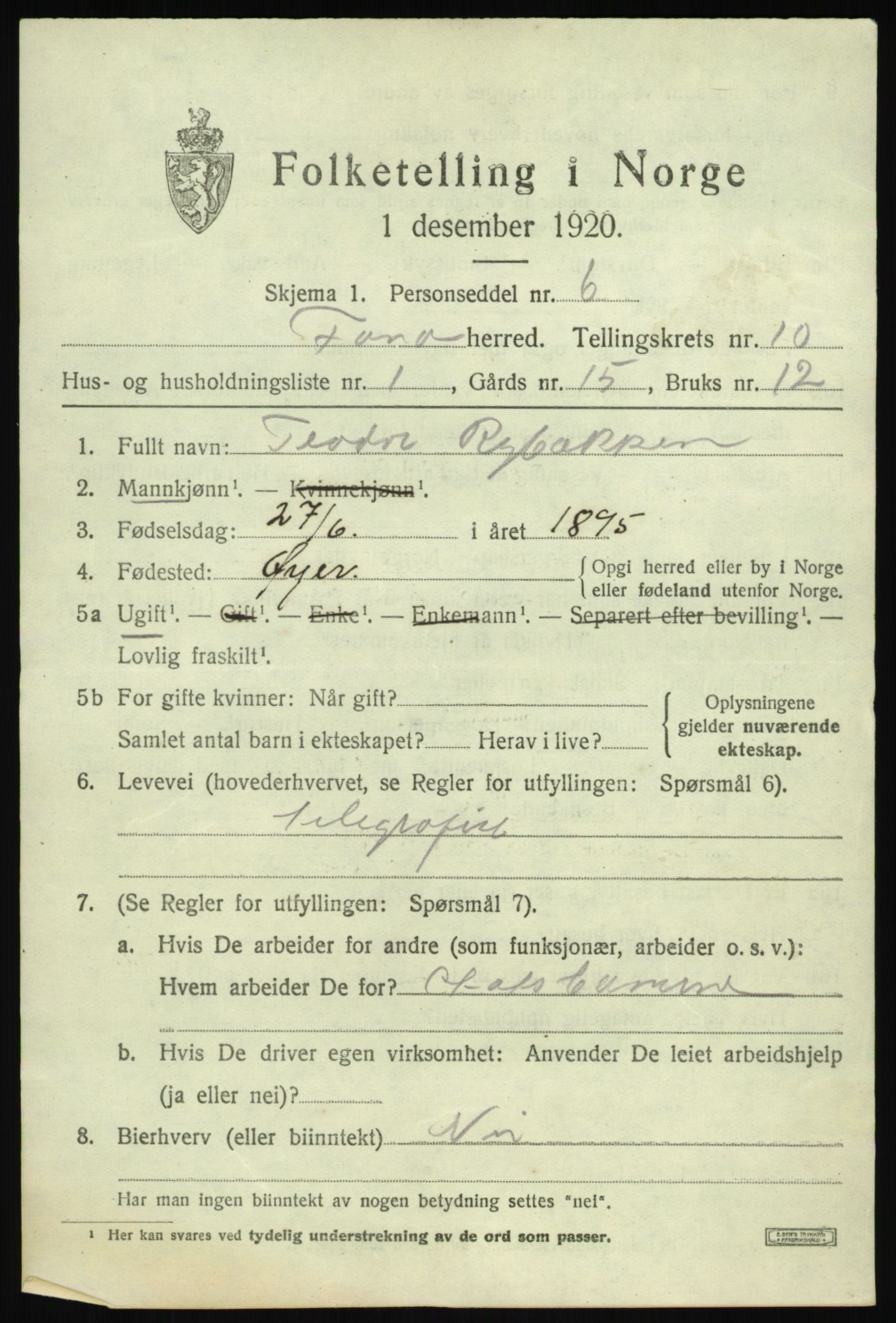 SAB, 1920 census for Fana, 1920, p. 16599