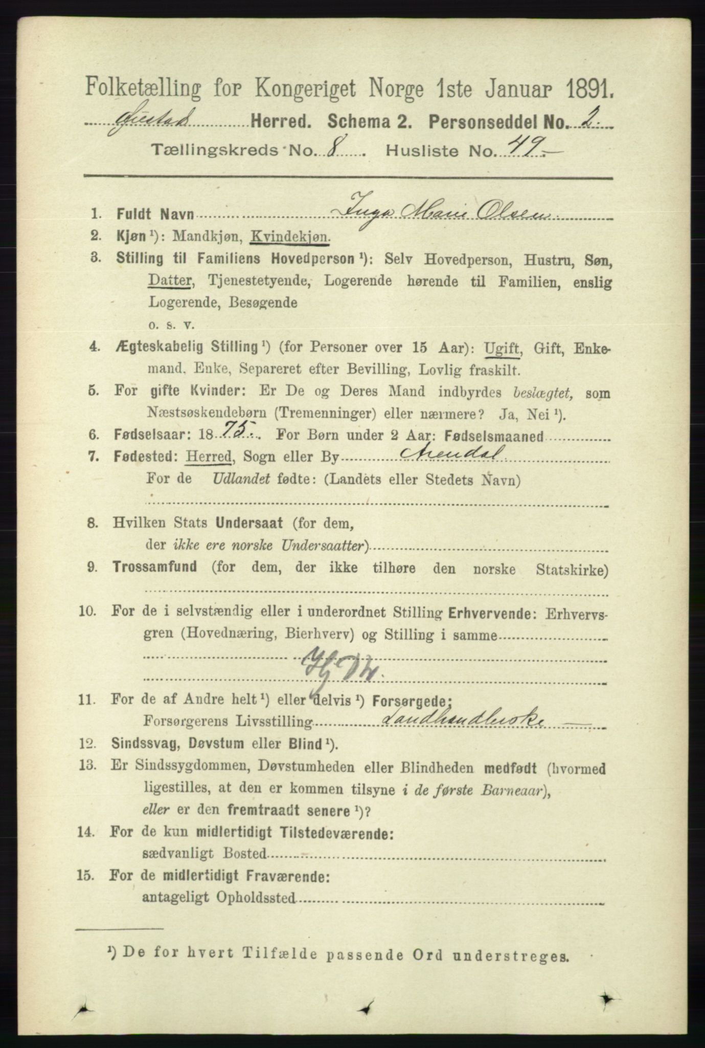 RA, 1891 census for 0920 Øyestad, 1891, p. 3463