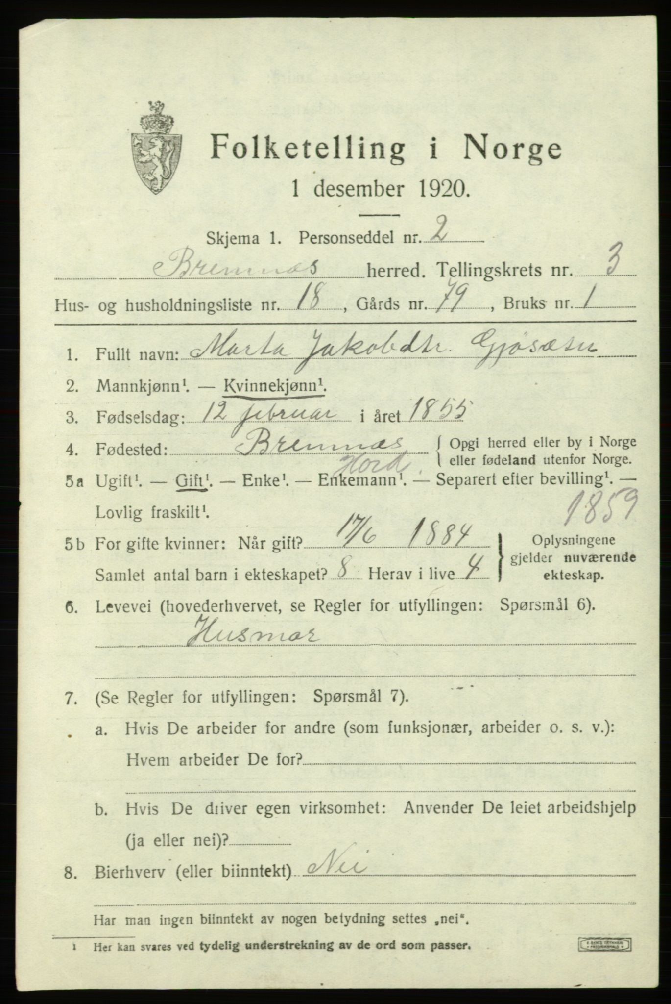 SAB, 1920 census for Bremnes, 1920, p. 1778