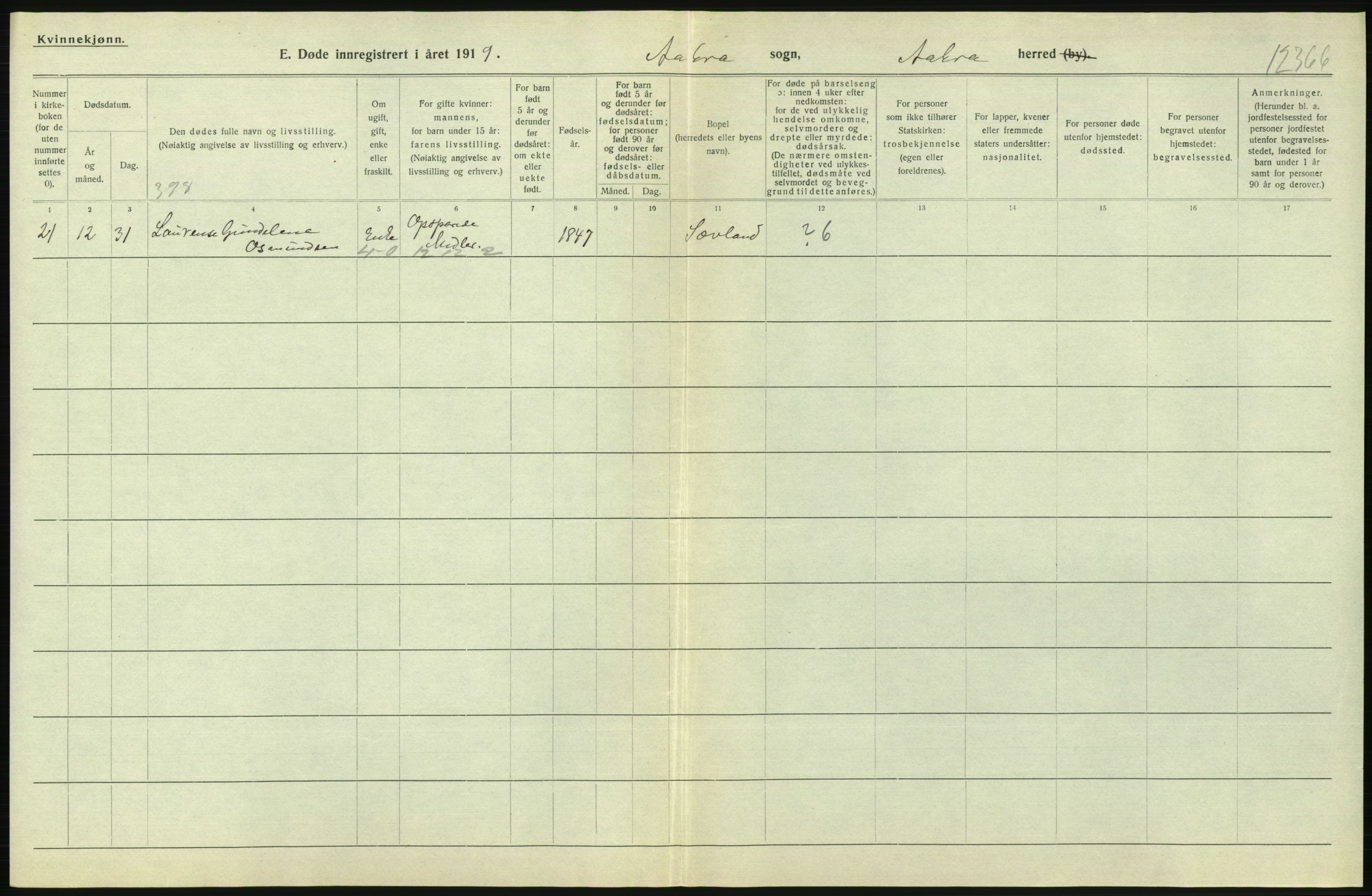 Statistisk sentralbyrå, Sosiodemografiske emner, Befolkning, AV/RA-S-2228/D/Df/Dfb/Dfbi/L0030: Rogaland fylke: Døde. Bygder og byer., 1919, p. 326