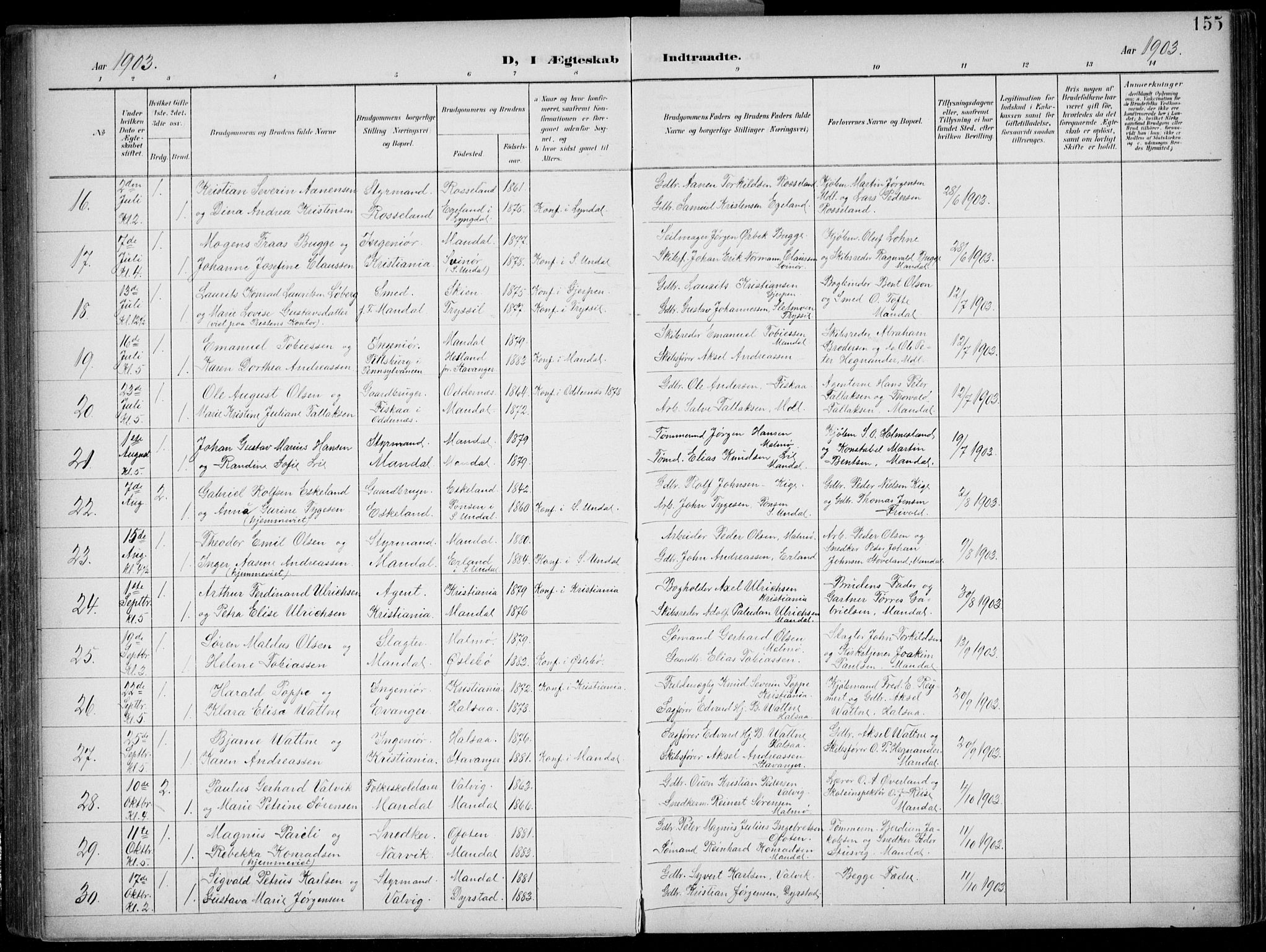 Mandal sokneprestkontor, SAK/1111-0030/F/Fb/Fba/L0012: Parish register (copy) no. B 6, 1899-1918, p. 155