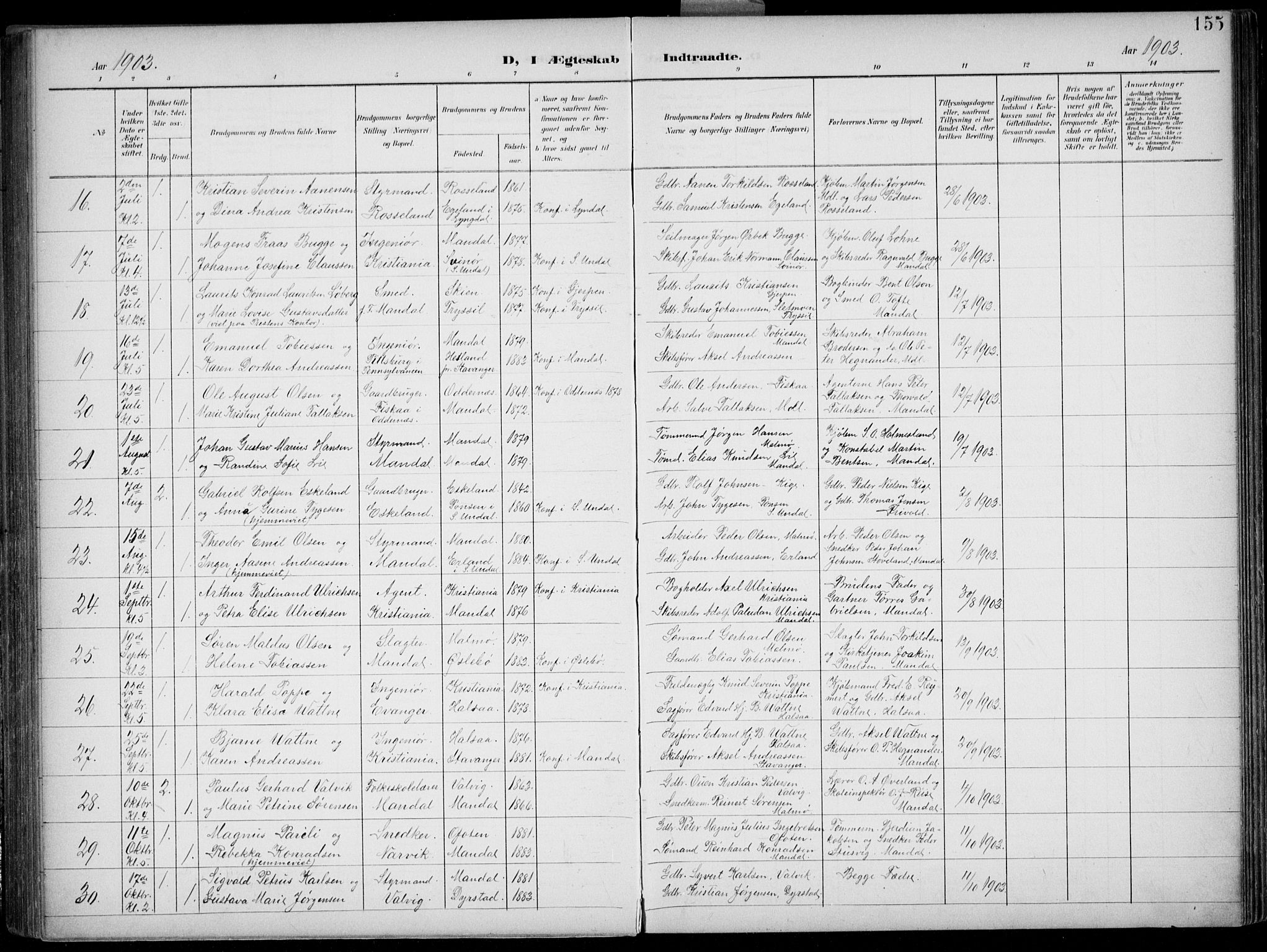 Mandal sokneprestkontor, AV/SAK-1111-0030/F/Fb/Fba/L0012: Parish register (copy) no. B 6, 1899-1918, p. 155