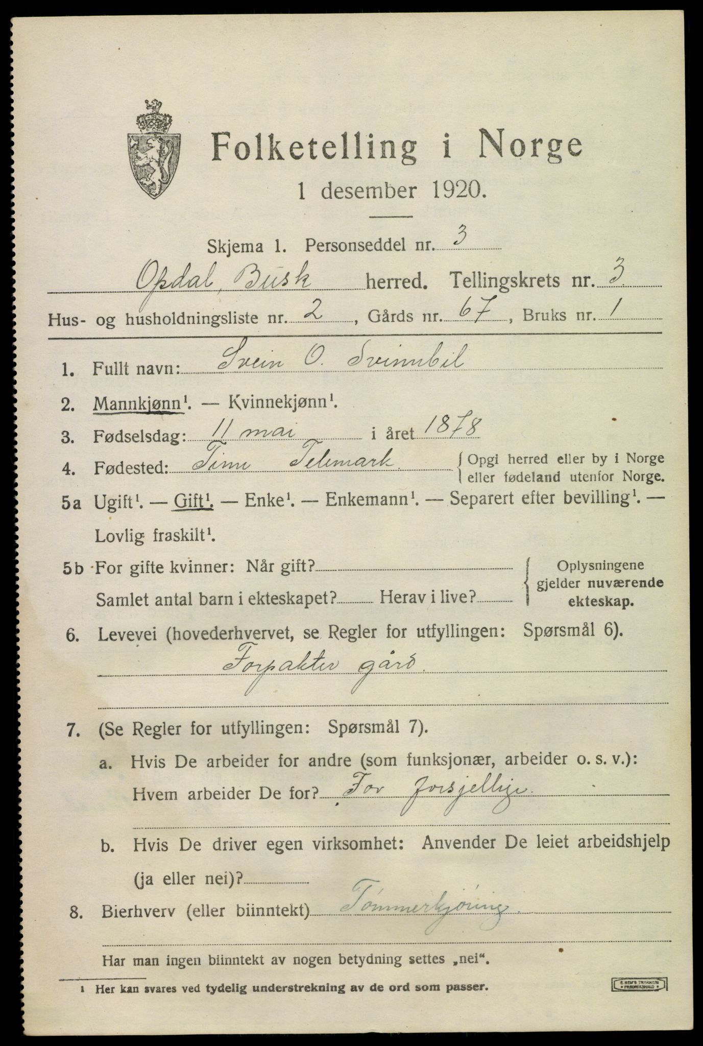 SAKO, 1920 census for Uvdal, 1920, p. 1311