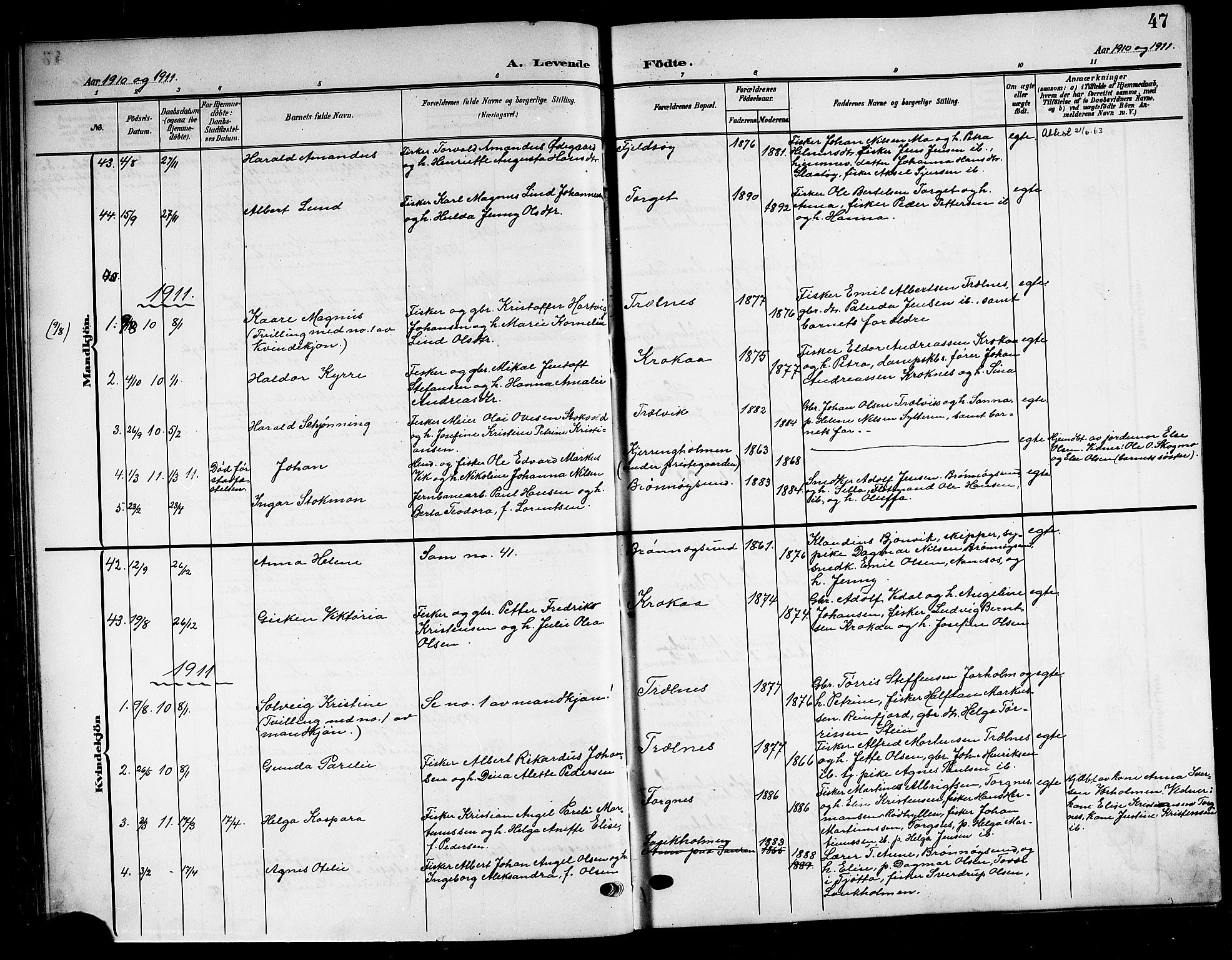 Ministerialprotokoller, klokkerbøker og fødselsregistre - Nordland, SAT/A-1459/813/L0214: Parish register (copy) no. 813C06, 1904-1917, p. 47
