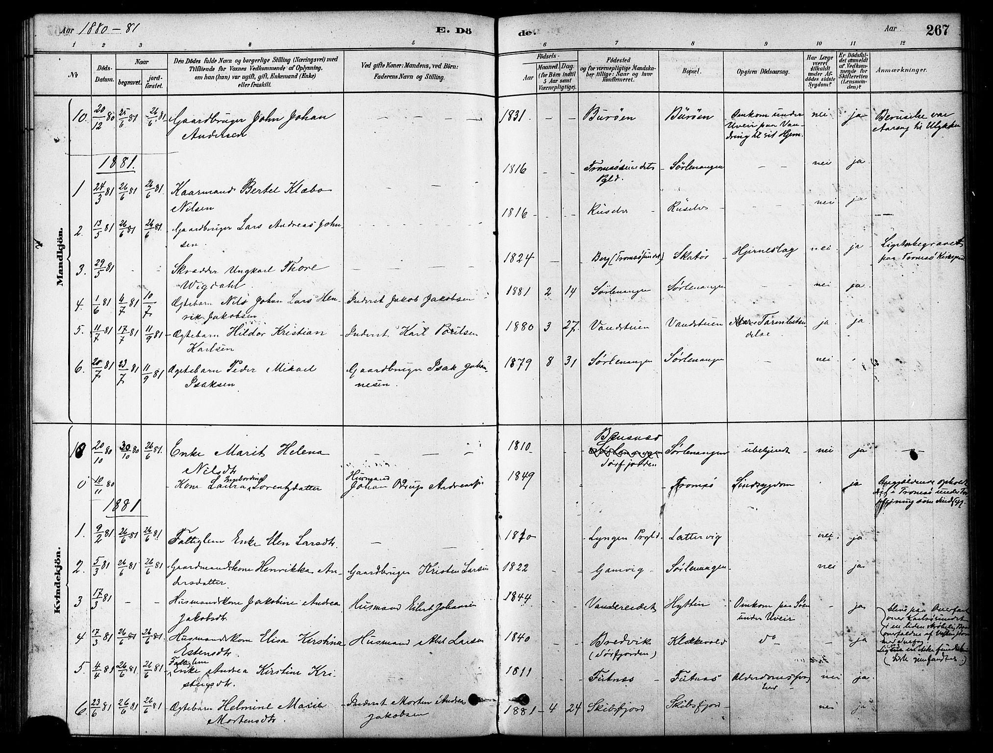 Karlsøy sokneprestembete, SATØ/S-1299/H/Ha/Haa/L0006kirke: Parish register (official) no. 6, 1879-1890, p. 267