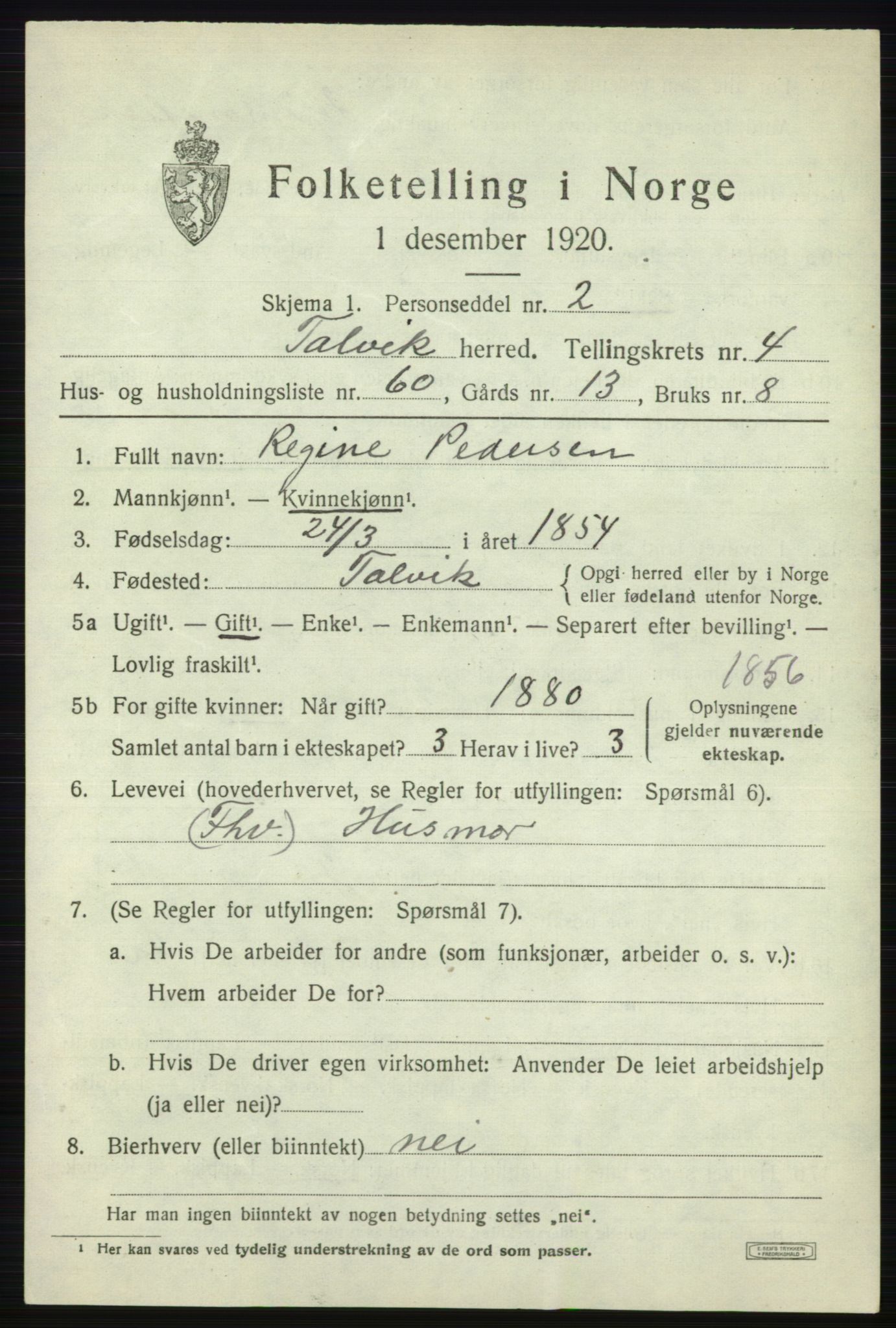 SATØ, 1920 census for Talvik, 1920, p. 3266