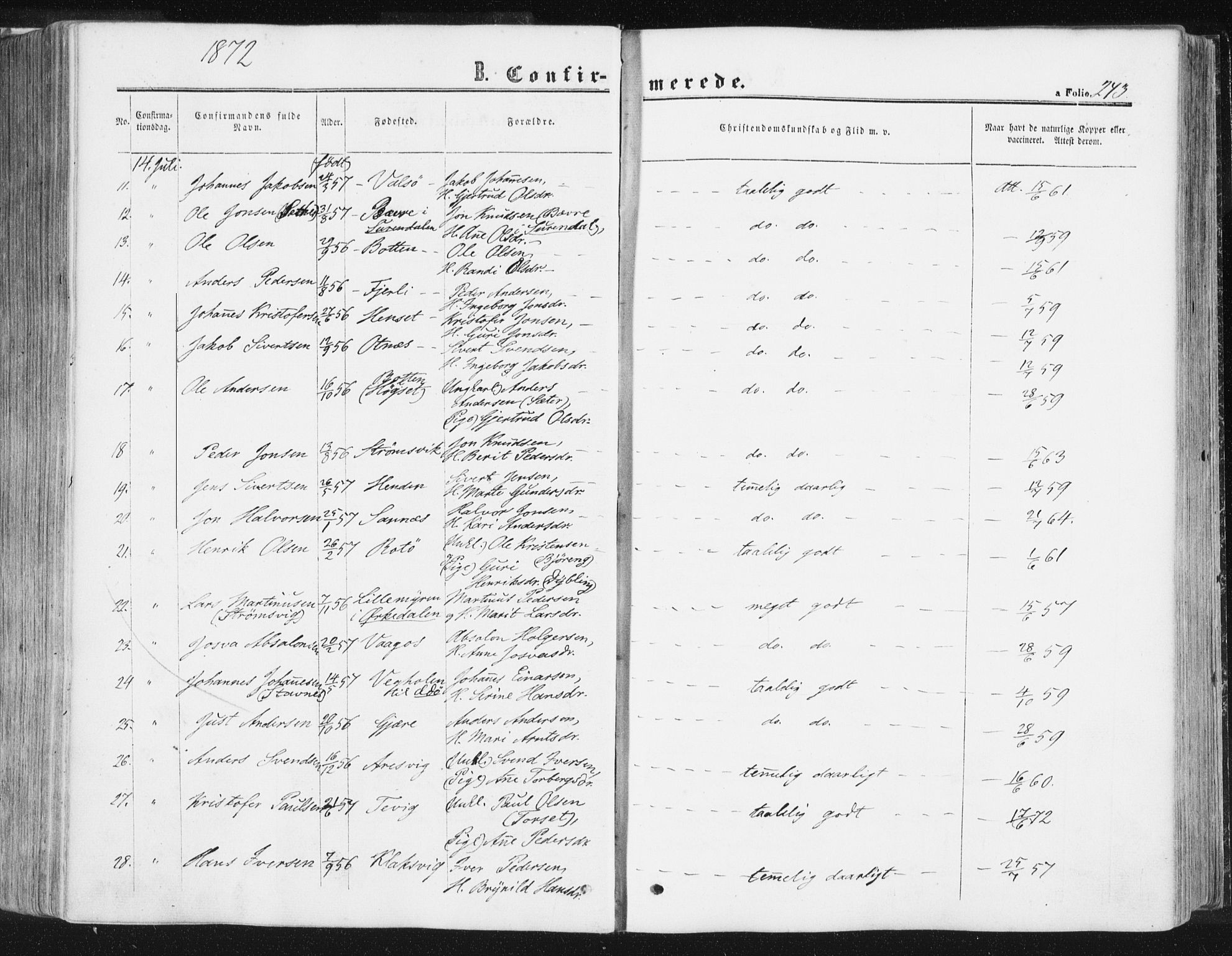 Ministerialprotokoller, klokkerbøker og fødselsregistre - Møre og Romsdal, AV/SAT-A-1454/578/L0905: Parish register (official) no. 578A04, 1859-1877, p. 243