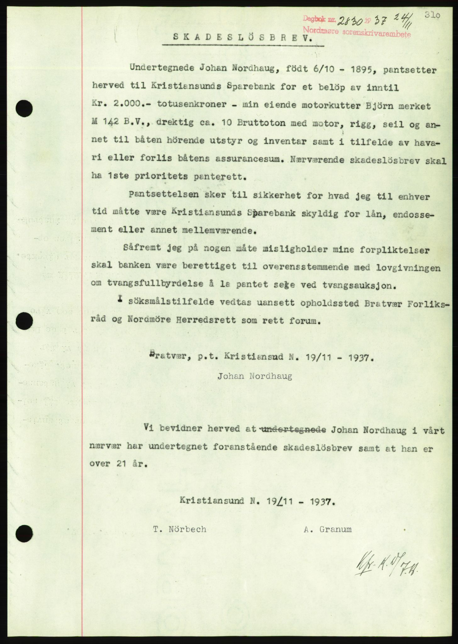 Nordmøre sorenskriveri, AV/SAT-A-4132/1/2/2Ca/L0092: Mortgage book no. B82, 1937-1938, Diary no: : 2830/1937