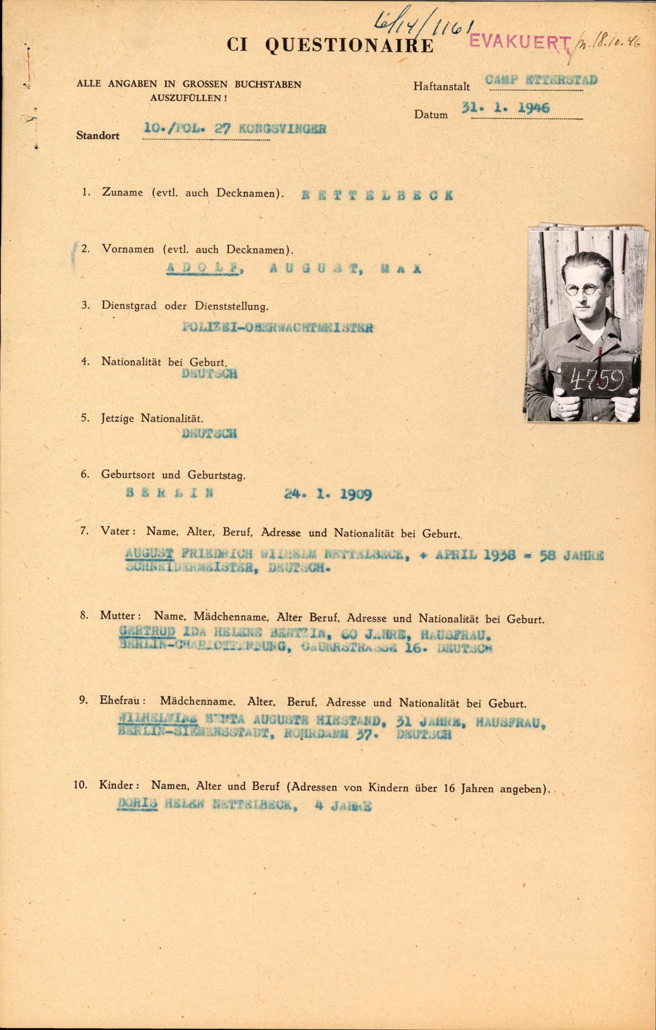 Forsvaret, Forsvarets overkommando II, AV/RA-RAFA-3915/D/Db/L0023: CI Questionaires. Tyske okkupasjonsstyrker i Norge. Tyskere., 1945-1946, p. 542