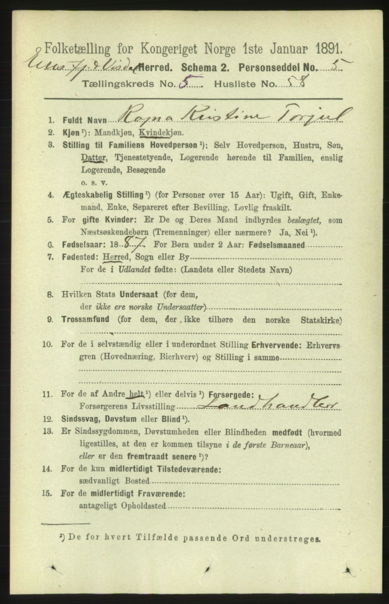 RA, 1891 census for 1542 Eresfjord og Vistdal, 1891, p. 1416