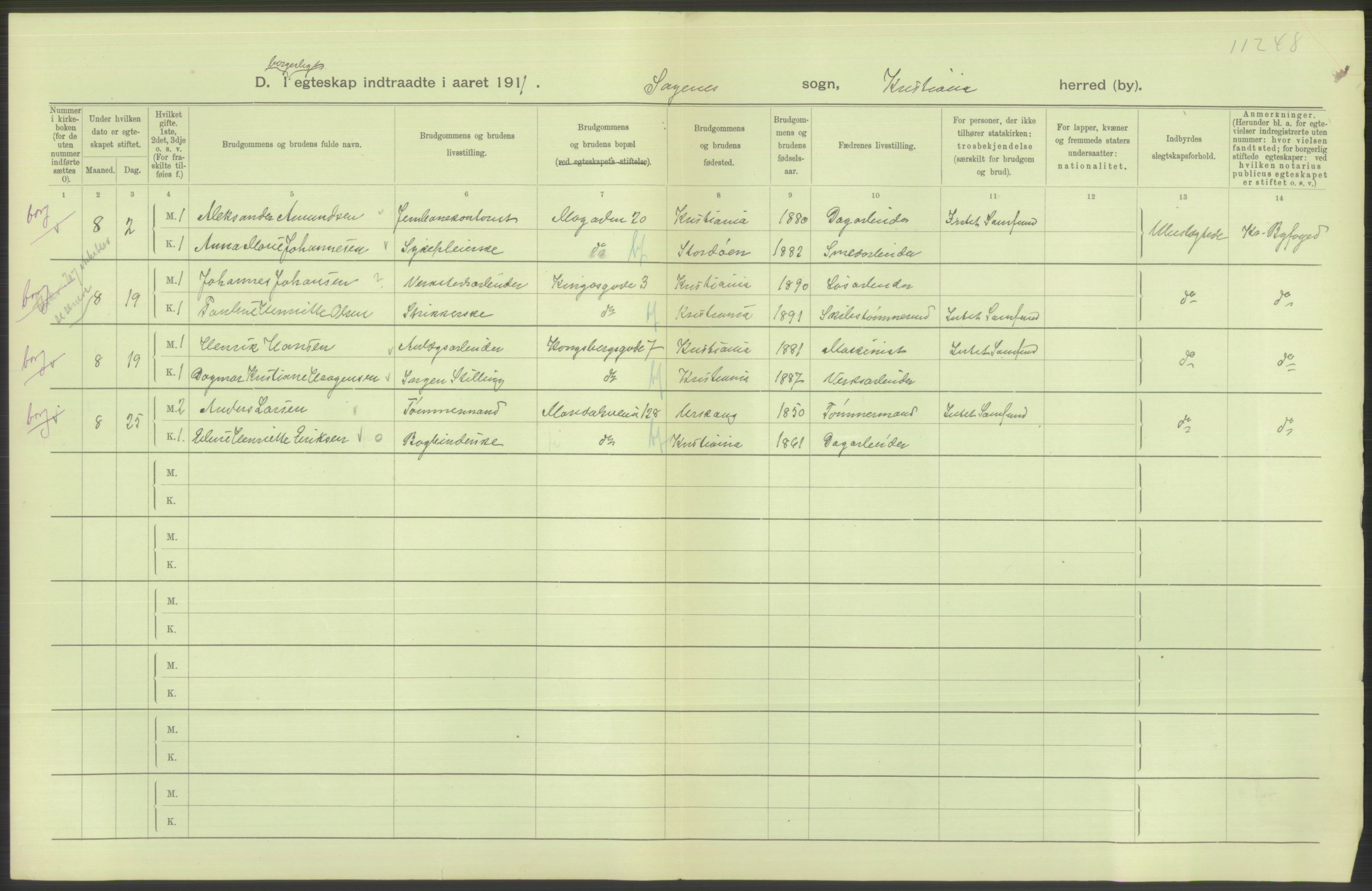 Statistisk sentralbyrå, Sosiodemografiske emner, Befolkning, AV/RA-S-2228/D/Df/Dfb/Dfba/L0008: Kristiania: Gifte, 1911, p. 712