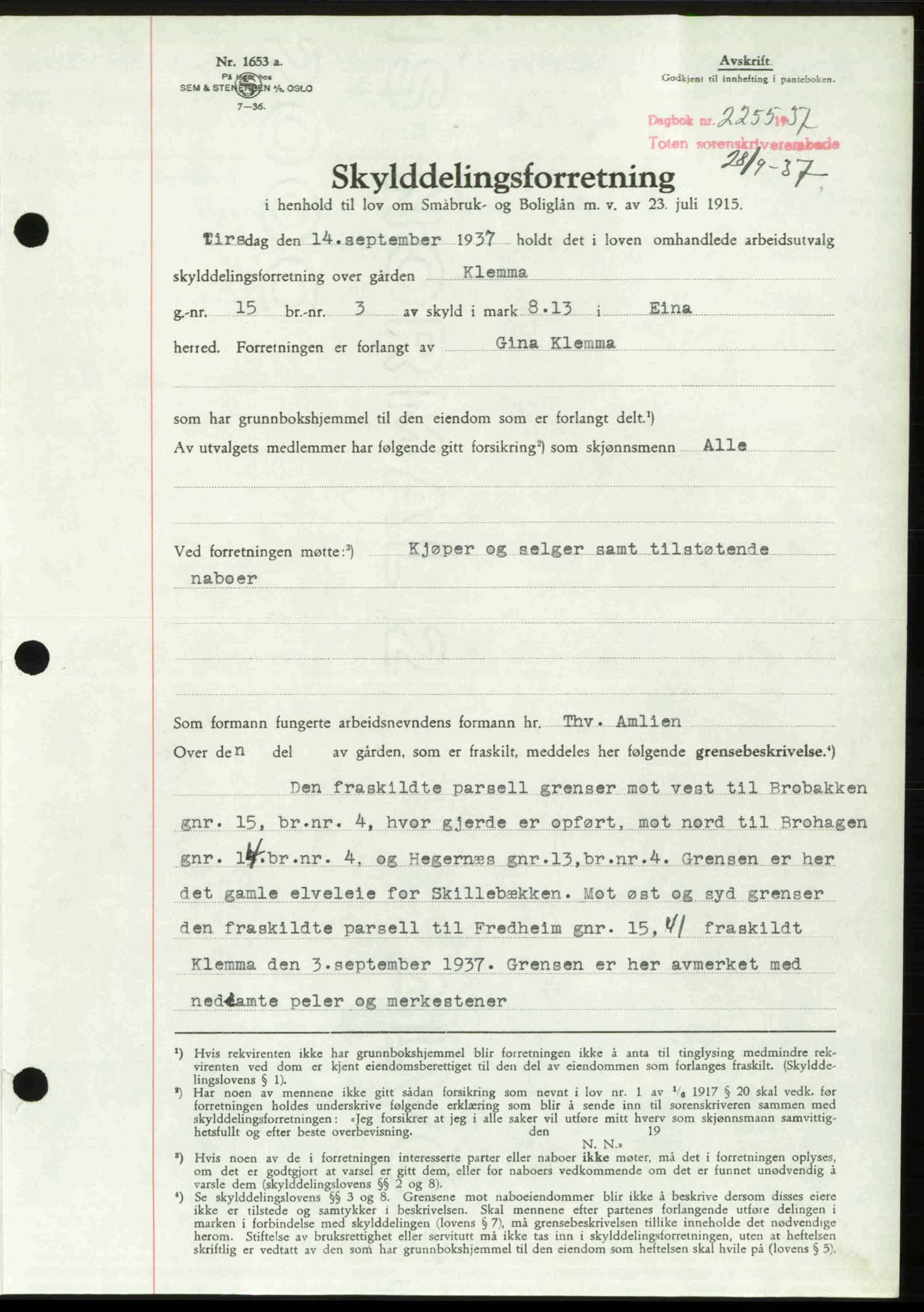 Toten tingrett, SAH/TING-006/H/Hb/Hbc/L0003: Mortgage book no. Hbc-03, 1937-1938, Diary no: : 2255/1937