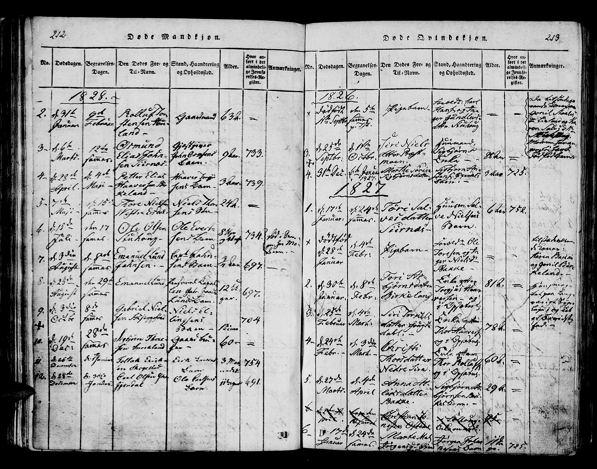 Bakke sokneprestkontor, SAK/1111-0002/F/Fa/Faa/L0003: Parish register (official) no. A 3, 1815-1835, p. 212-213