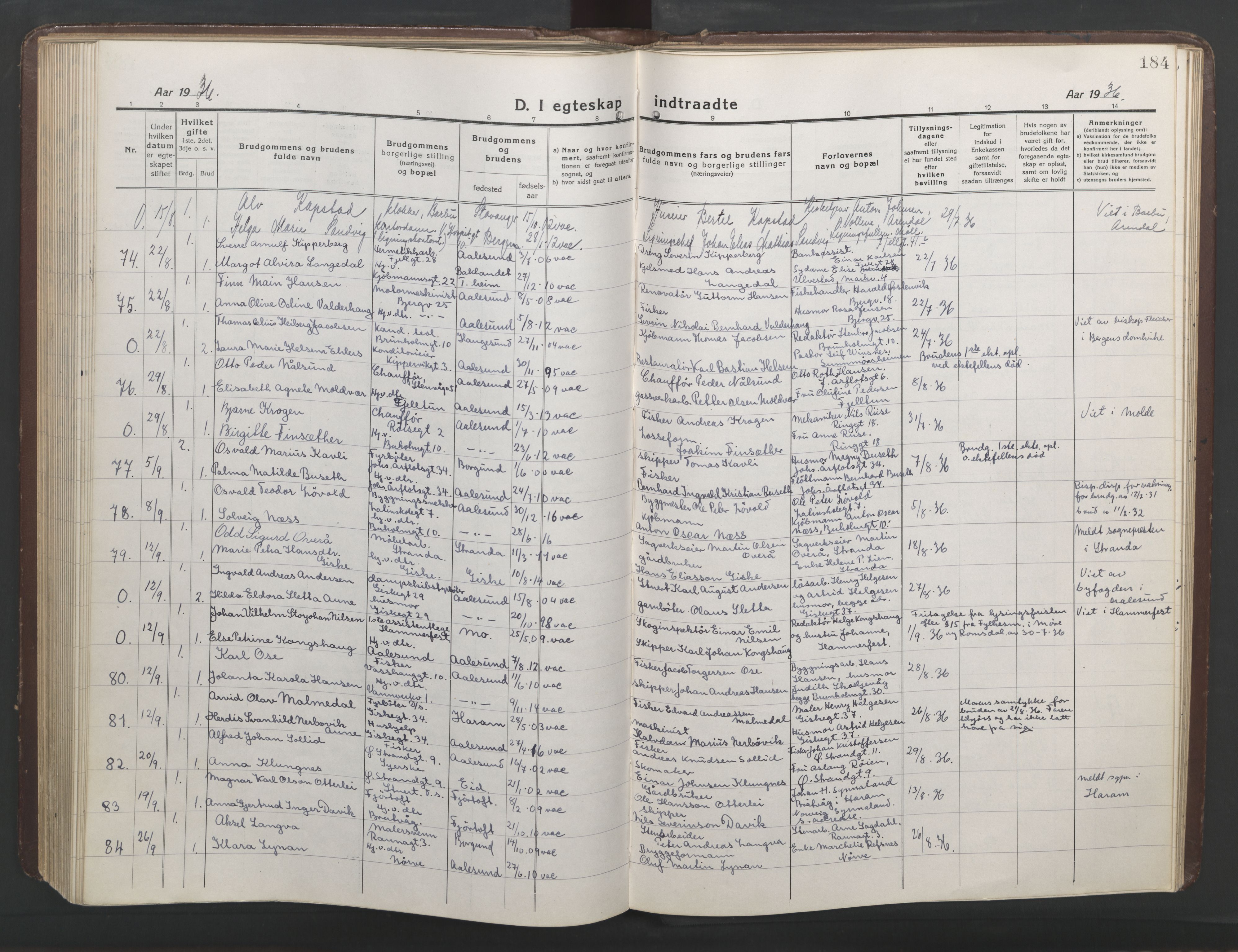 Ministerialprotokoller, klokkerbøker og fødselsregistre - Møre og Romsdal, AV/SAT-A-1454/529/L0473: Parish register (copy) no. 529C10, 1918-1941, p. 184