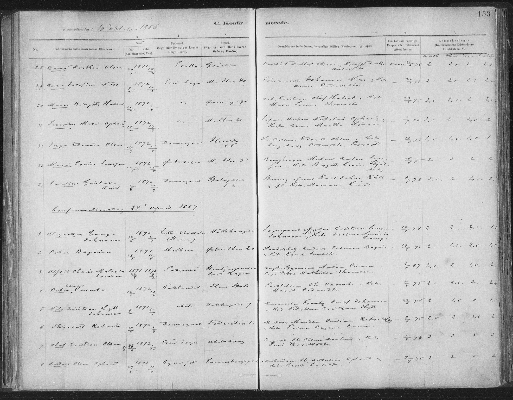 Ministerialprotokoller, klokkerbøker og fødselsregistre - Sør-Trøndelag, SAT/A-1456/603/L0162: Parish register (official) no. 603A01, 1879-1895, p. 153