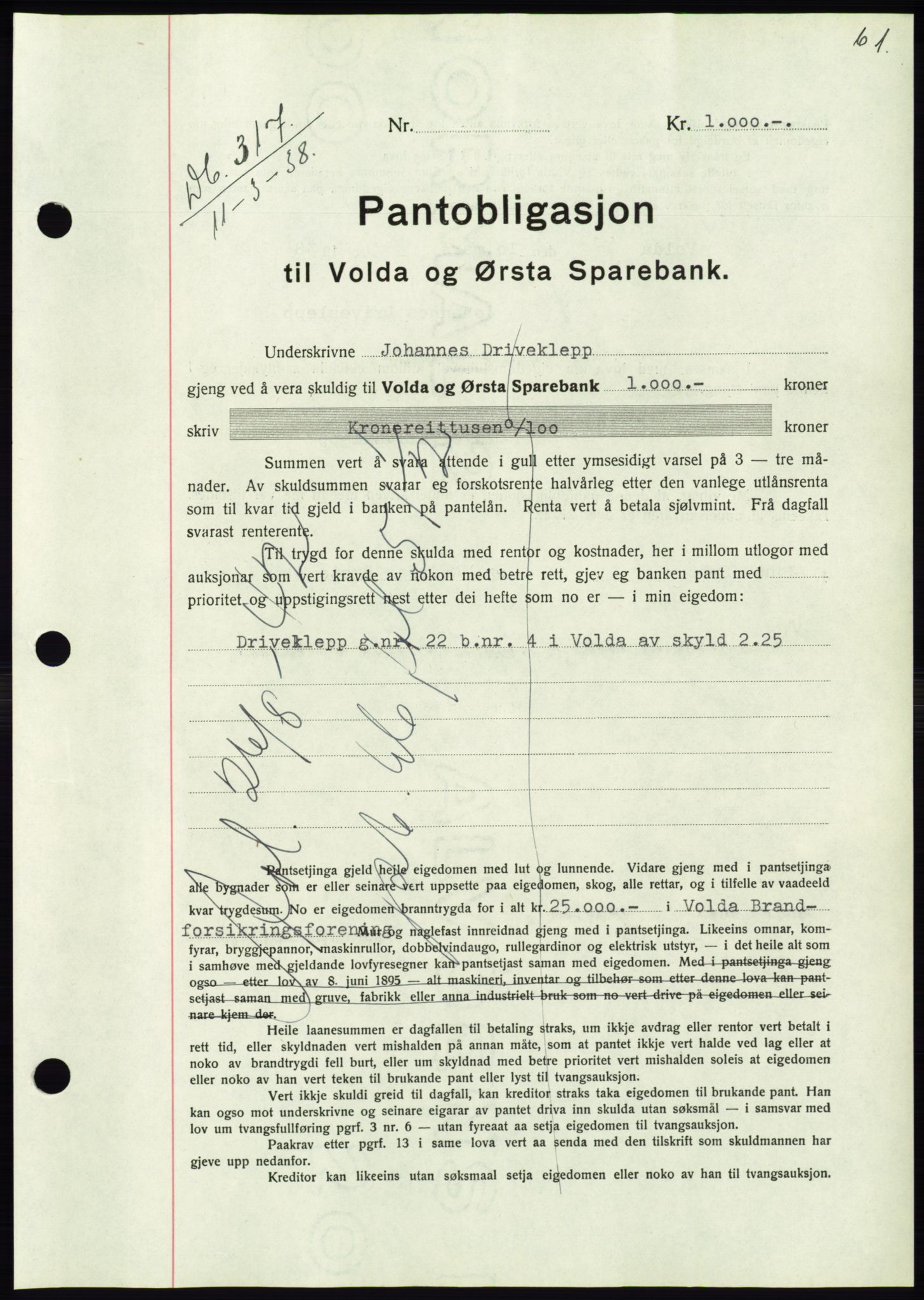 Søre Sunnmøre sorenskriveri, AV/SAT-A-4122/1/2/2C/L0065: Mortgage book no. 59, 1938-1938, Diary no: : 317/1938