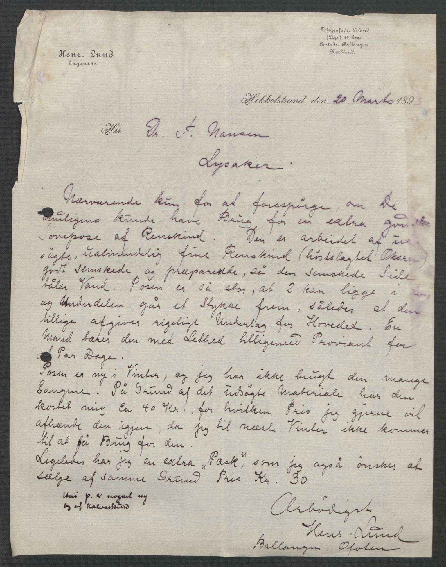 Arbeidskomitéen for Fridtjof Nansens polarekspedisjon, AV/RA-PA-0061/D/L0003/0001: Innk. brev og telegrammer vedr. proviant og utrustning / Utrustningen m.m. - korrespondanse, 1892-1893, p. 232