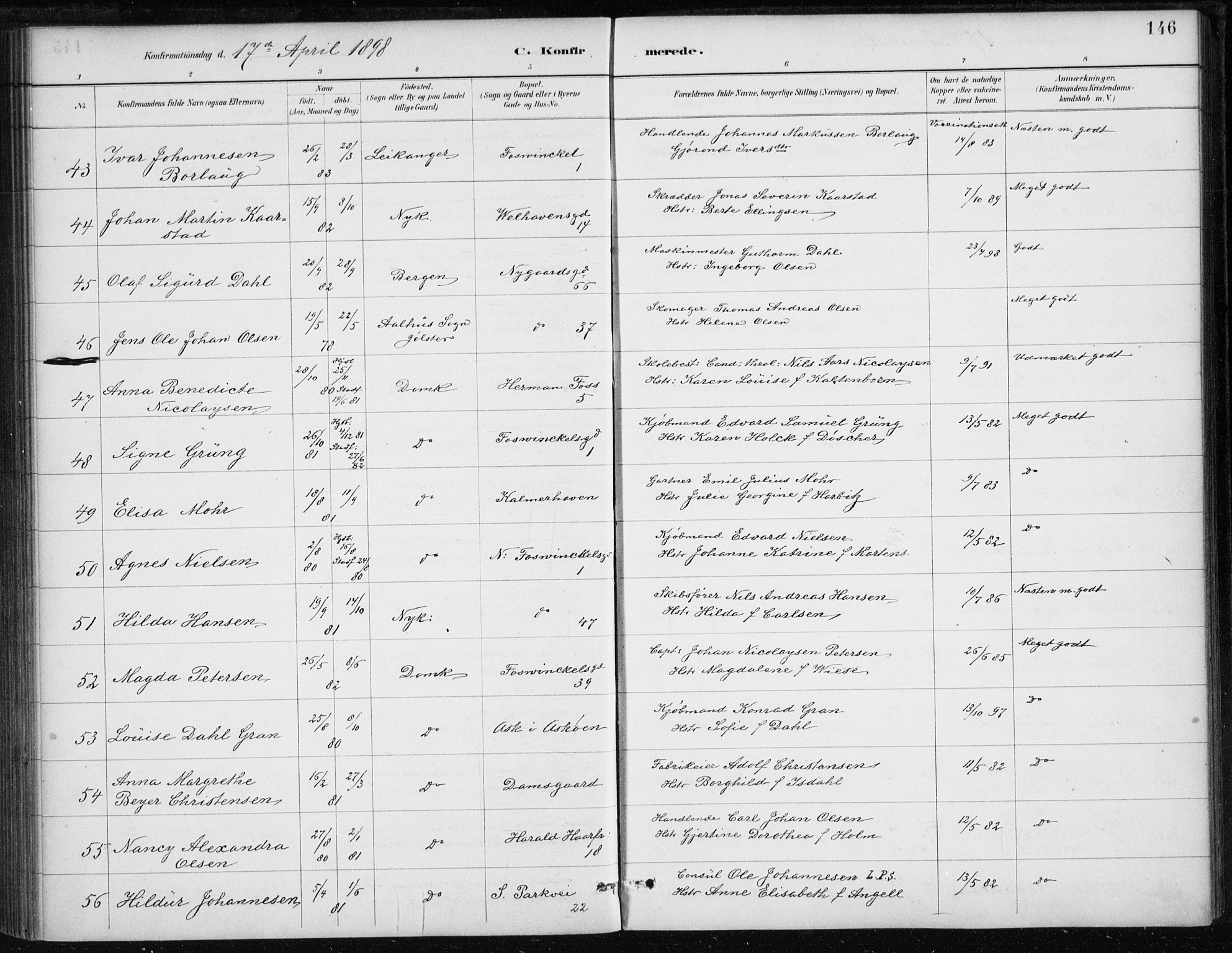 Johanneskirken sokneprestembete, AV/SAB-A-76001/H/Haa/L0008: Parish register (official) no. C 1, 1885-1907, p. 146