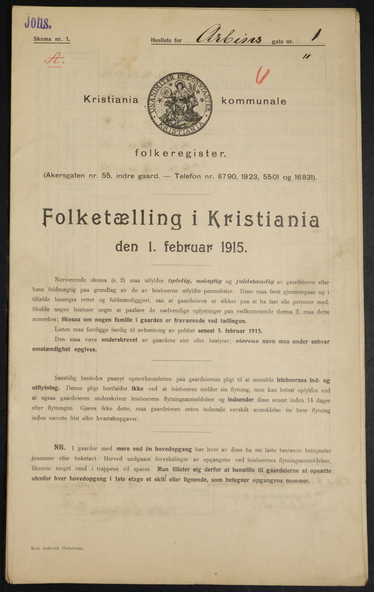 OBA, Municipal Census 1915 for Kristiania, 1915, p. 1460