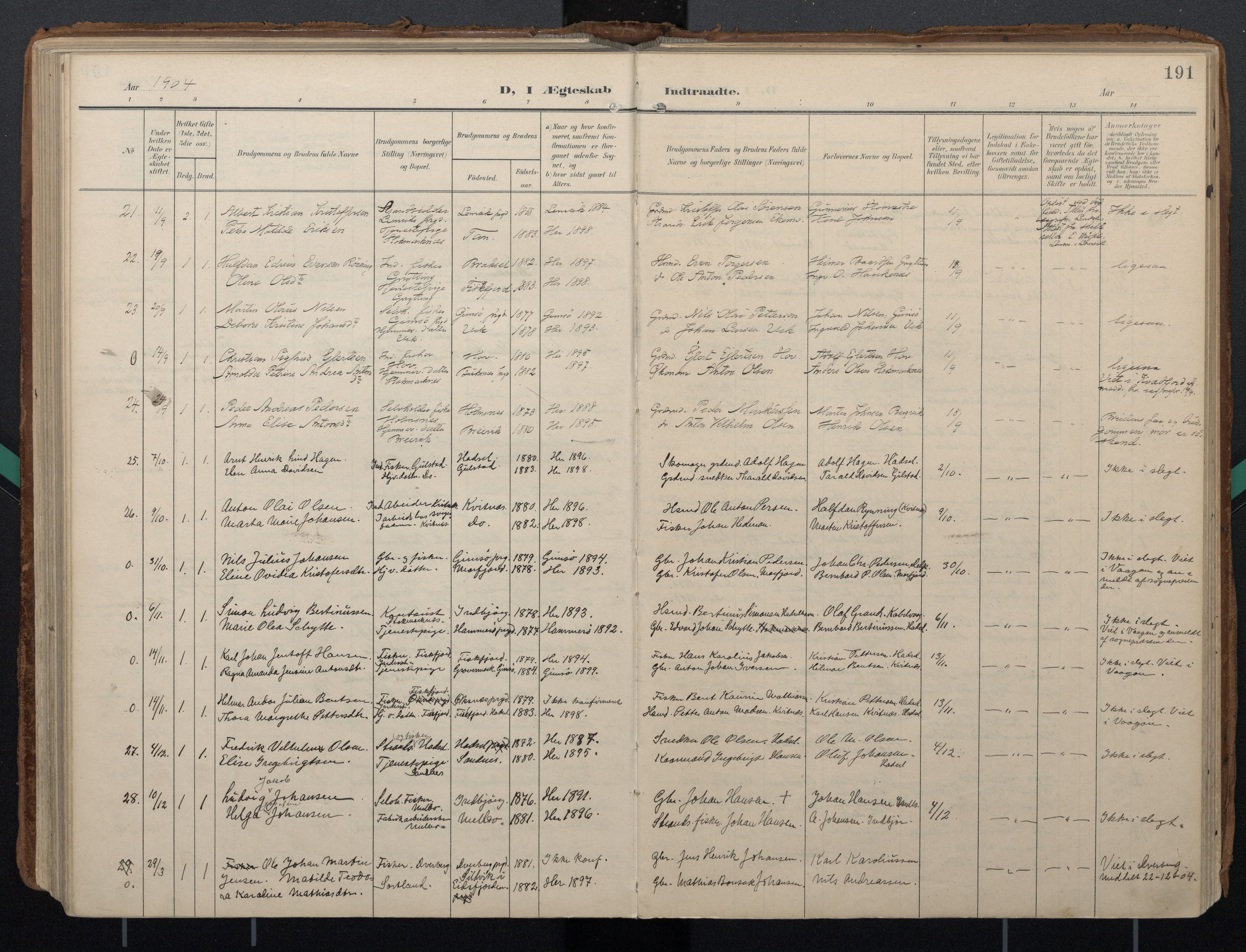 Ministerialprotokoller, klokkerbøker og fødselsregistre - Nordland, AV/SAT-A-1459/888/L1248: Parish register (official) no. 888A14, 1904-1913, p. 191